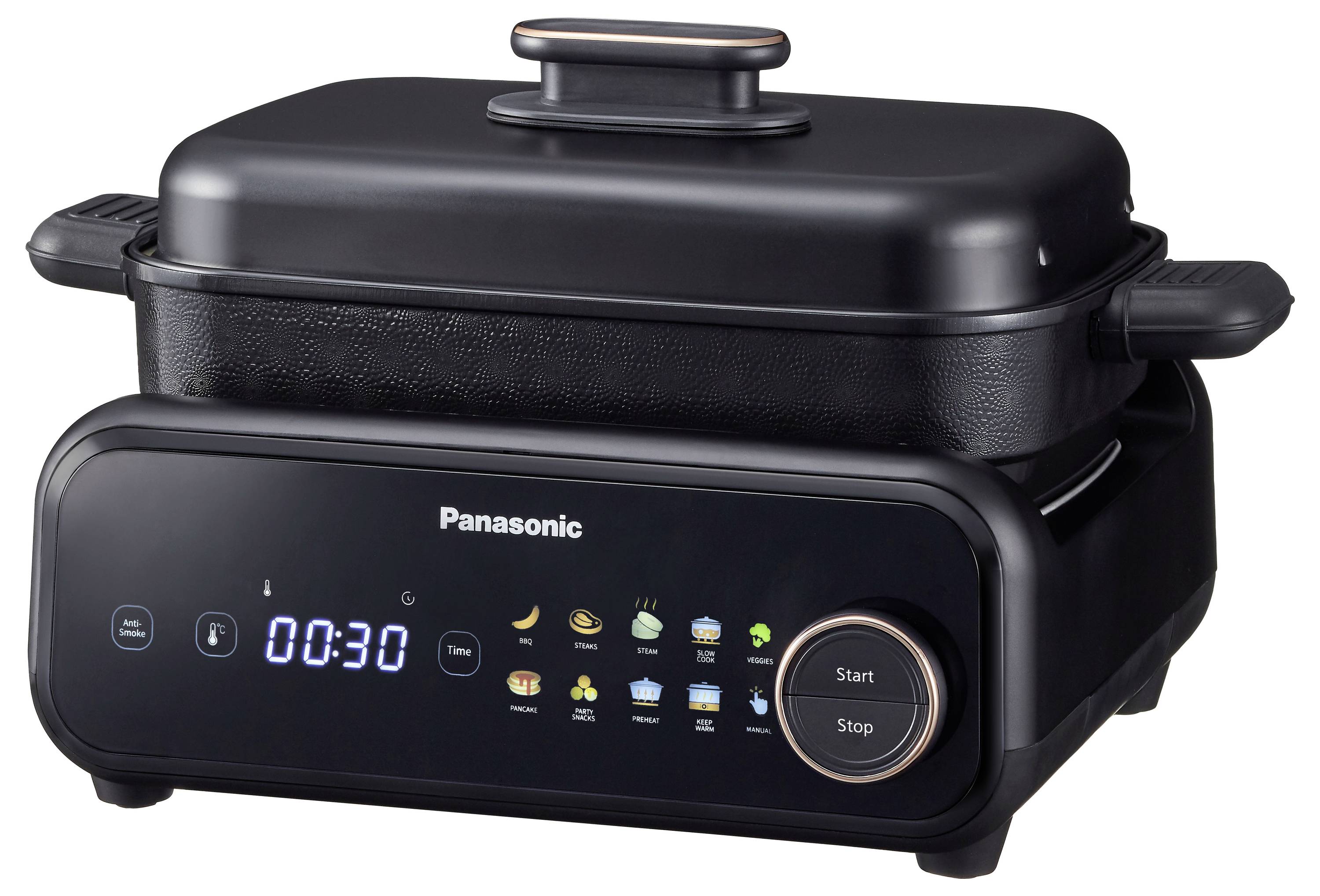 A black Panasonic cooking appliance with a digital control panel showing '00:30'. Various cooking mode icons are displayed beneath the timer.