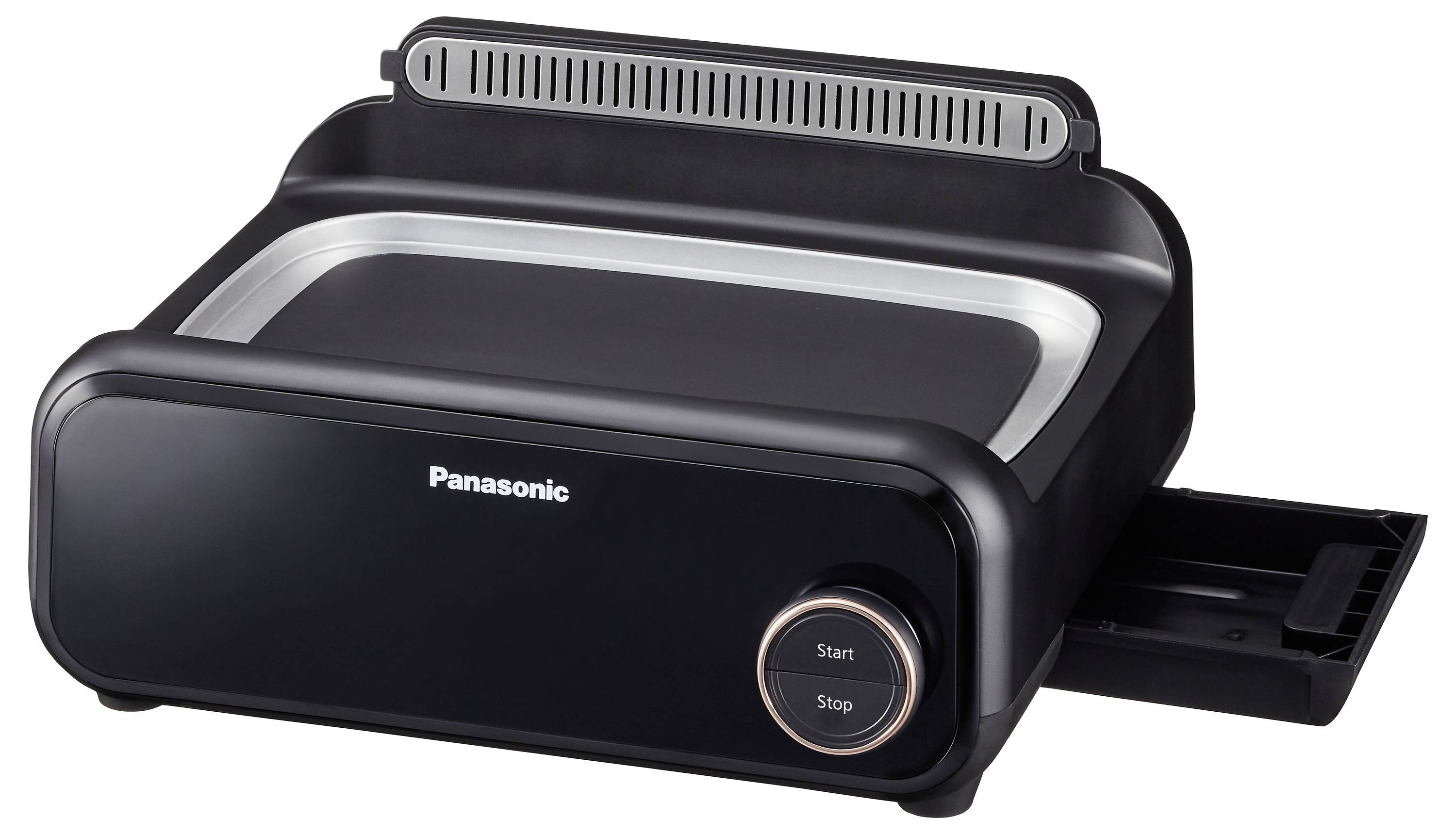 A black countertop home bakery machine with a 'Start' and 'Stop' button on the front, featuring a sleek, modern design.