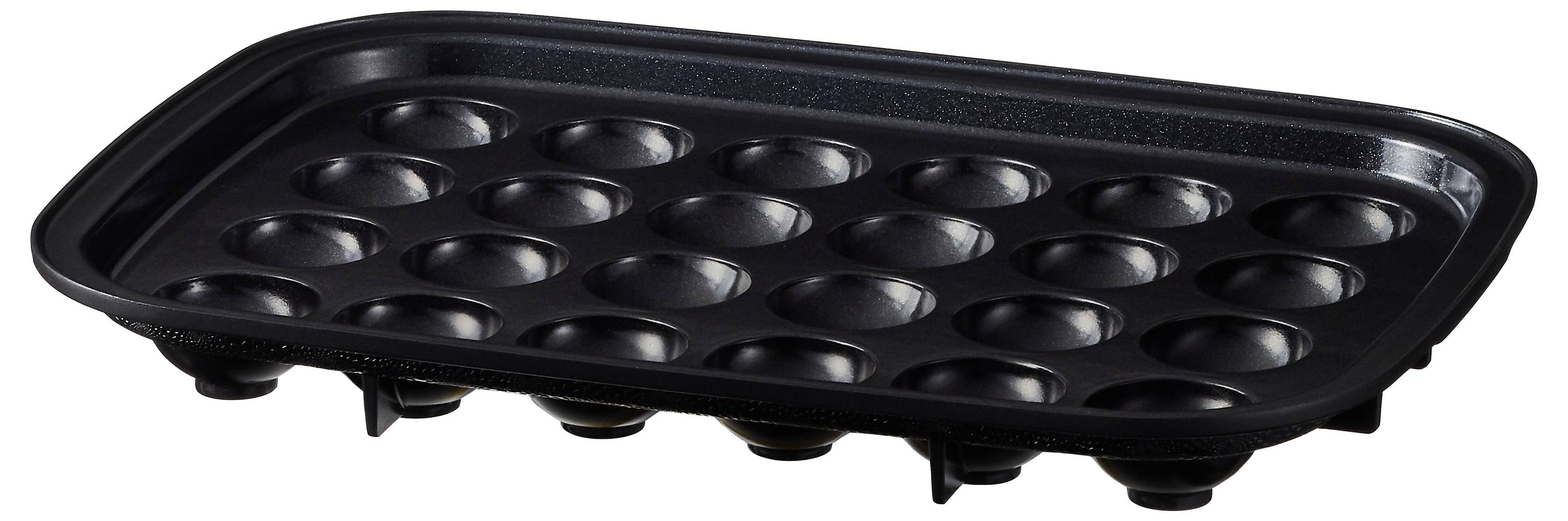 A black, non-stick takoyaki pan with multiple round molds for making Japanese octopus balls.
