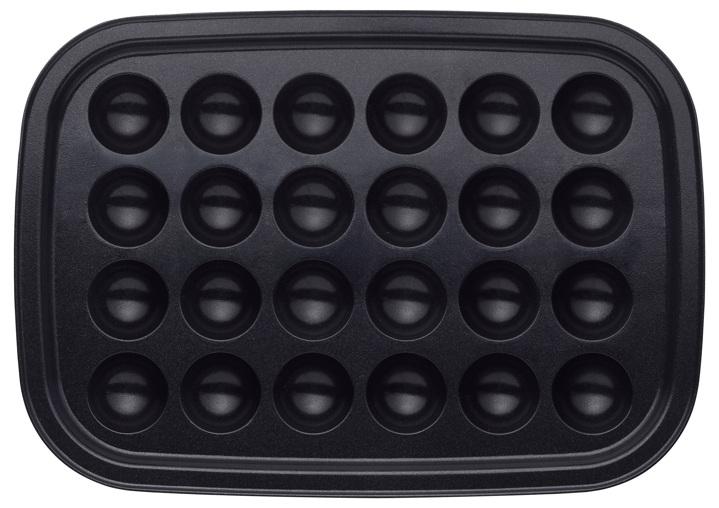 A black baking tray featuring twenty spherical molds, suitable for making cake pops or similar round treats.