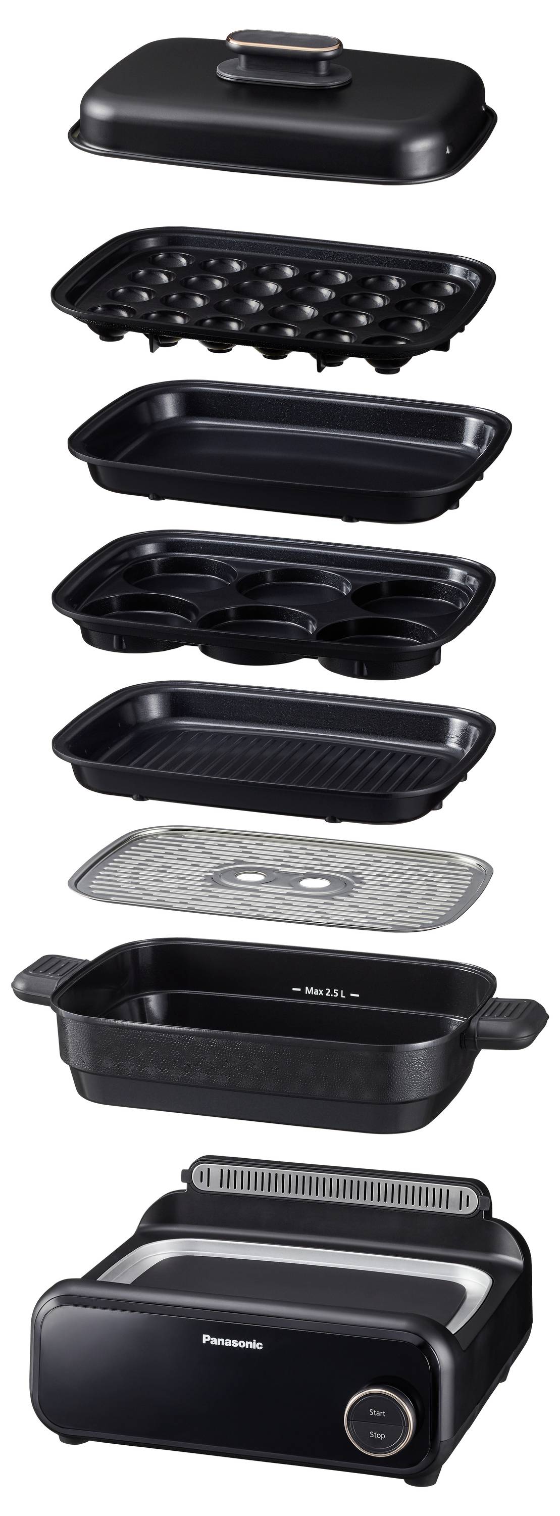 Stacked view of a multi-functional grill with various detachable plates, including options for grilling, steaming, and cooking eggs.