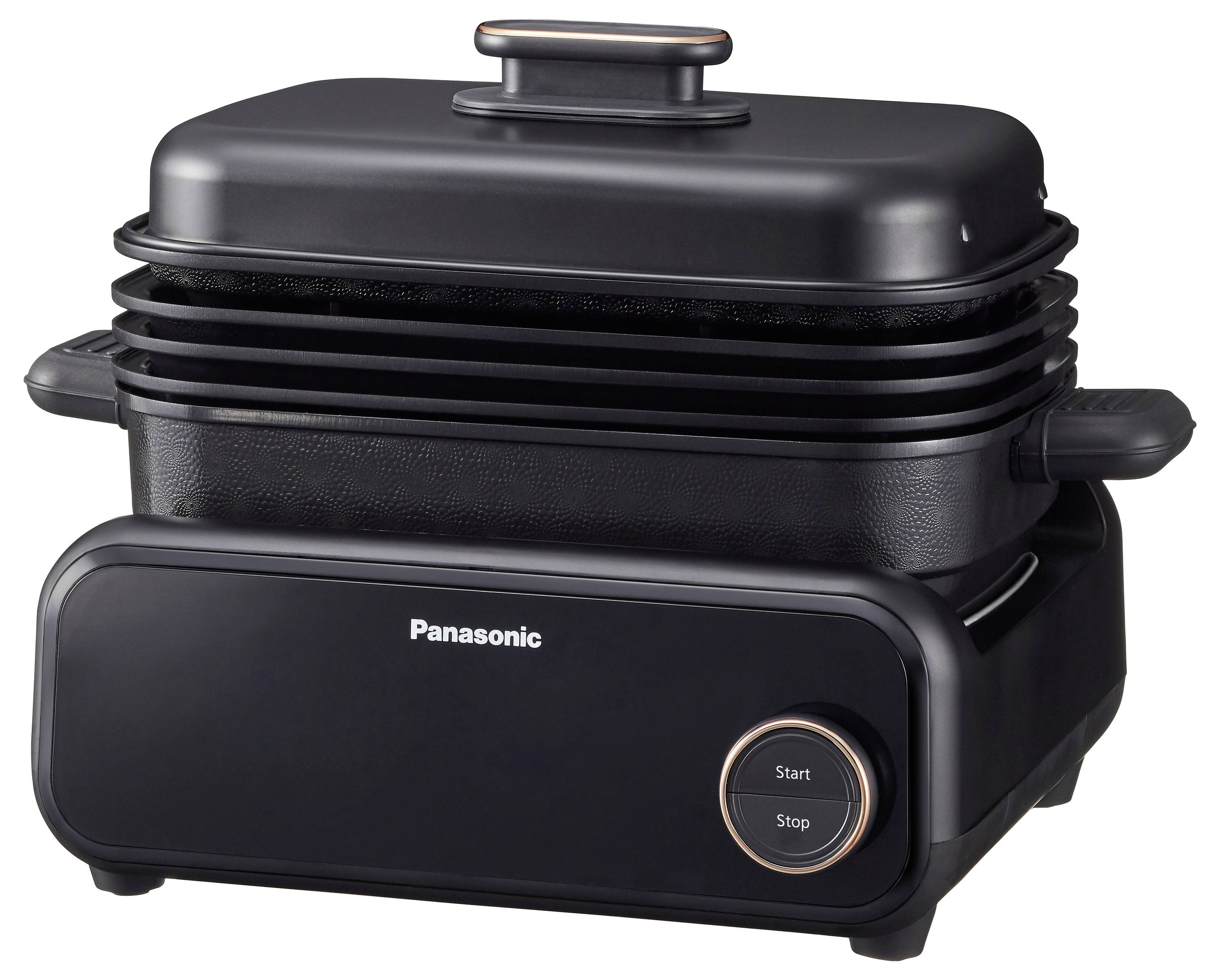 A black Panasonic multi-use cooker with a digital control panel and 'Start' and 'Stop' buttons, designed for versatile cooking options.