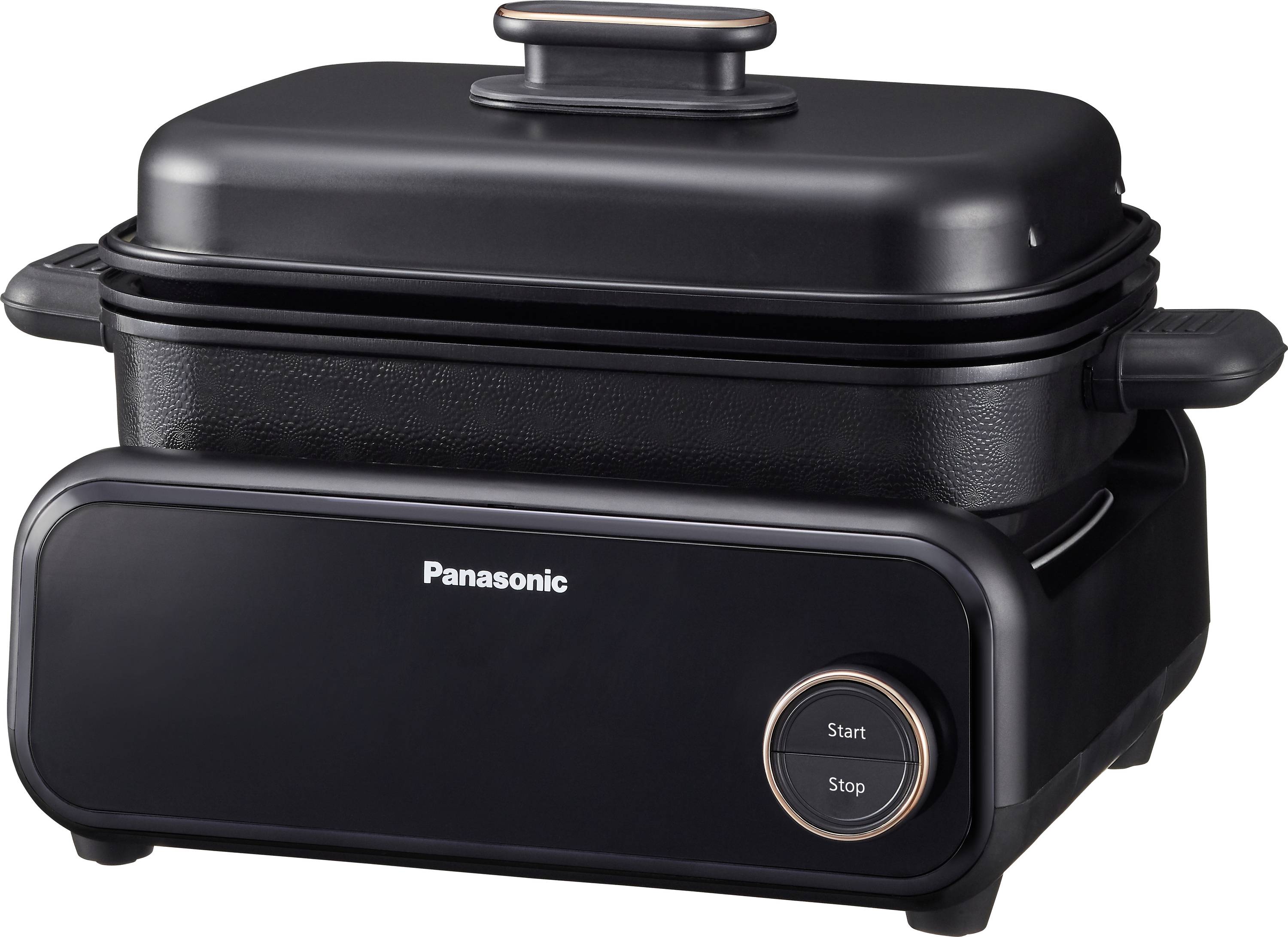 A sleek, black Panasonic multi-functional cooking appliance with a 'Start' and 'Stop' button on the front, featuring a removable lid.