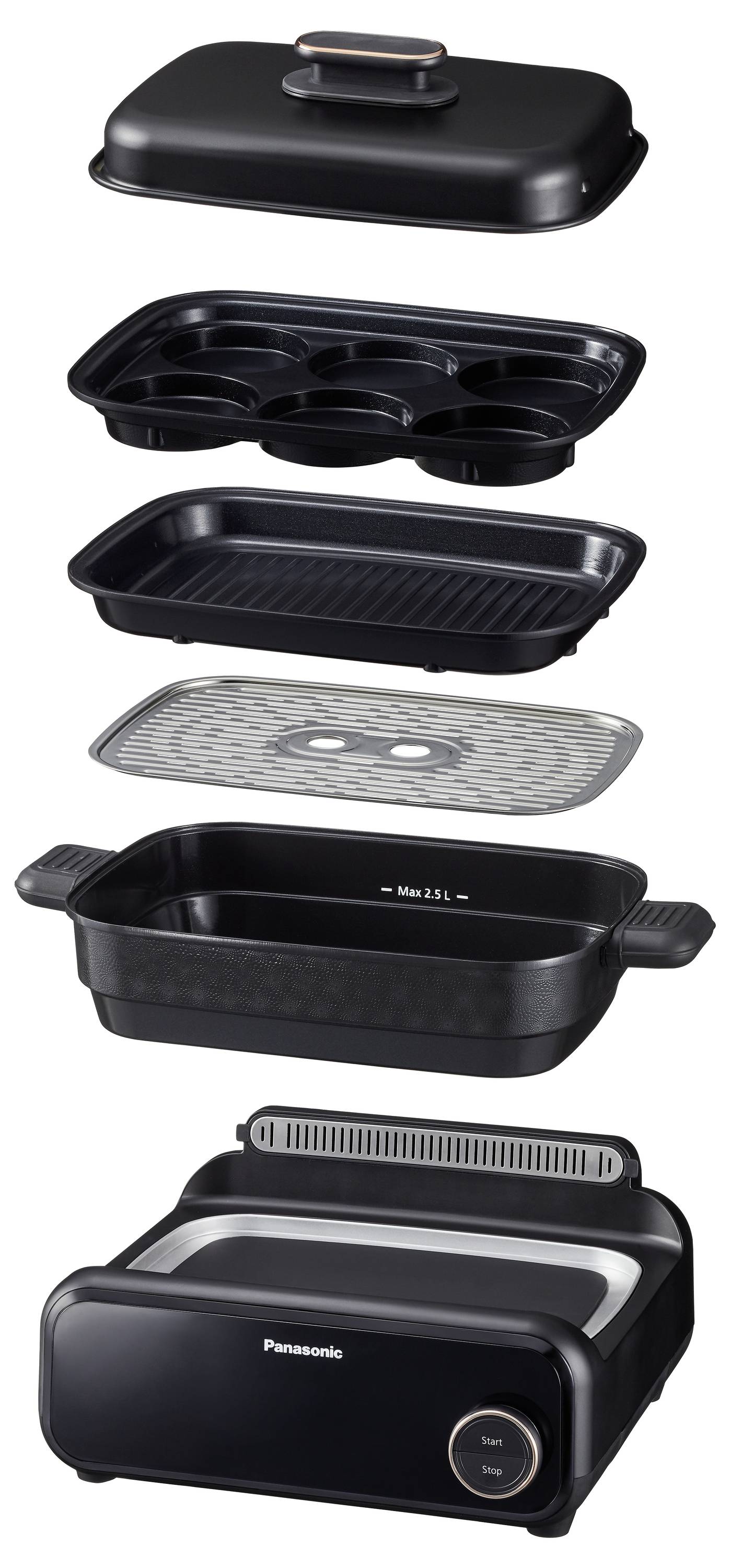 A black Panasonic multi-functional cooking appliance with different detachable trays for steaming, grilling, and baking.