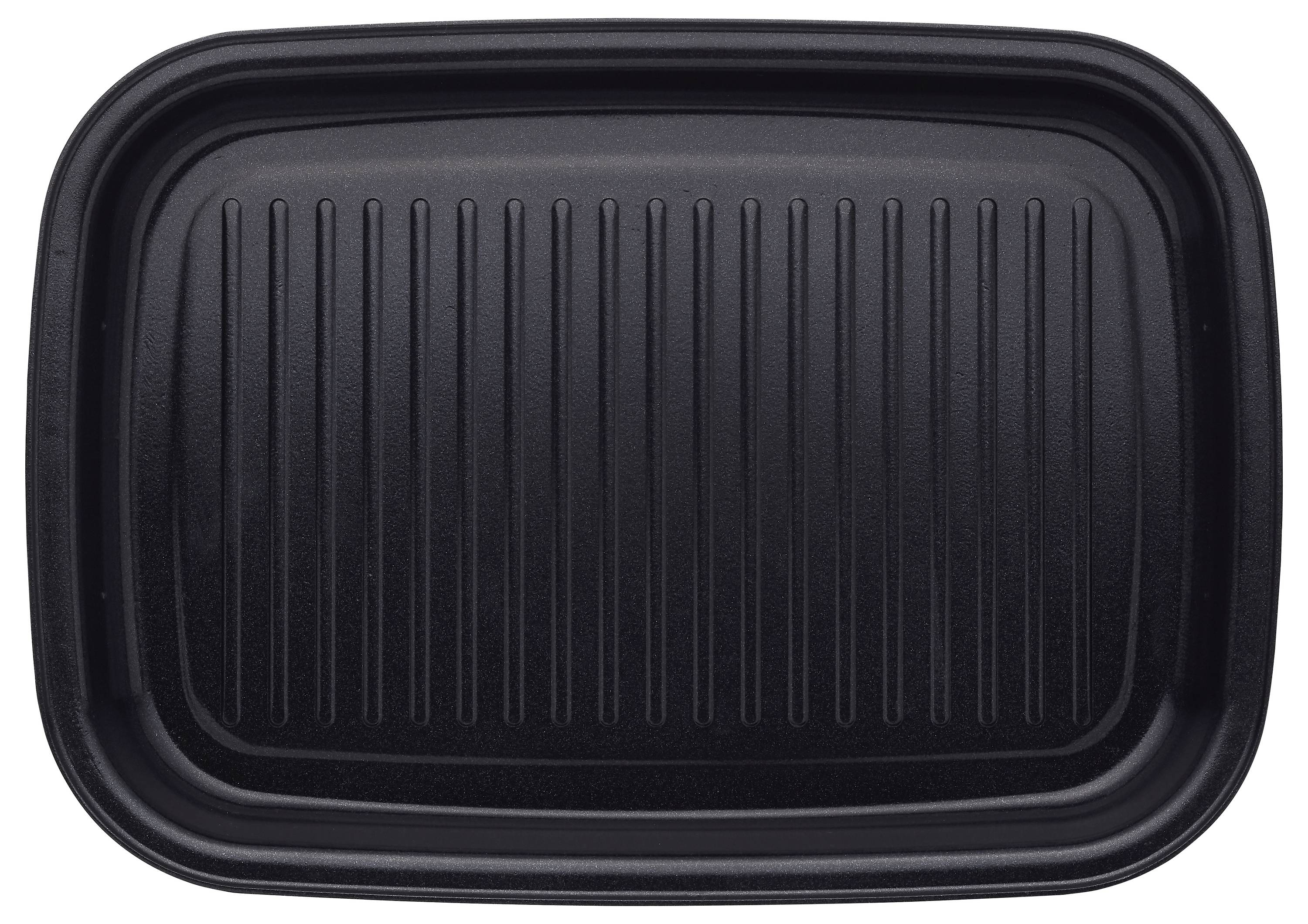 A black, rectangular, ribbed plastic tray used for packaging or serving food.