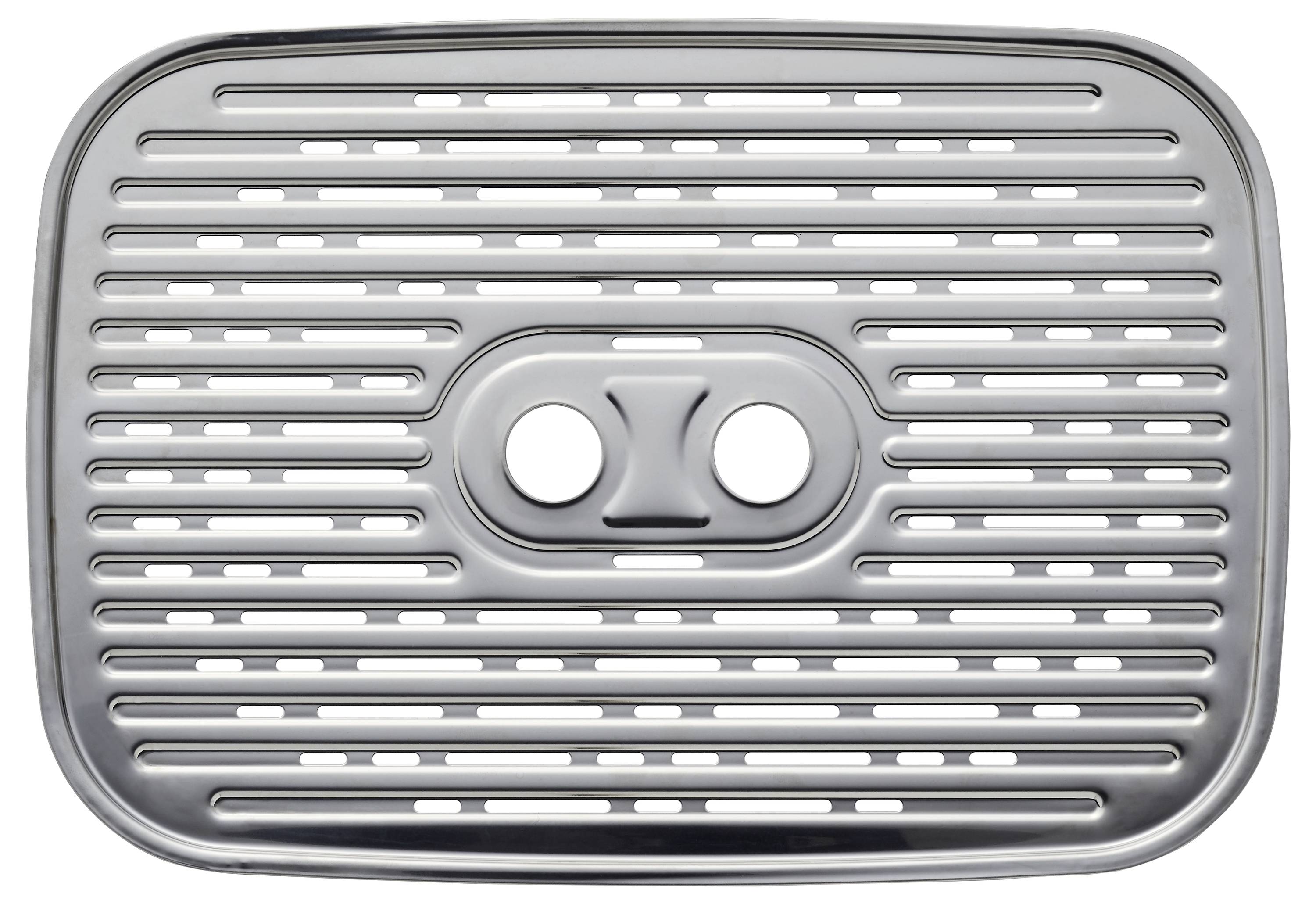 A metallic, rectangular grill cover with horizontal slits and two circular holes in the center, used for ventilation or drainage.