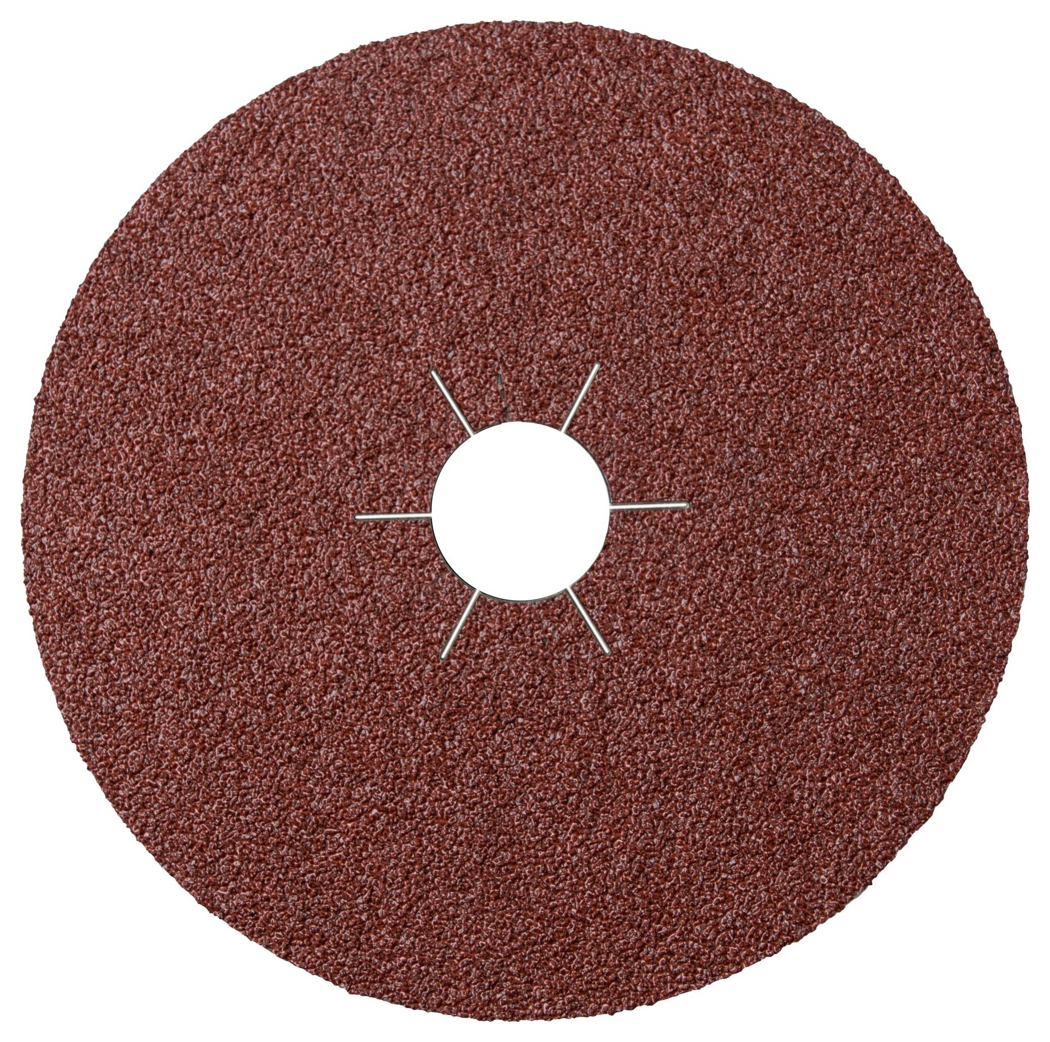 A round, red-brown abrasive sanding disc with a central hole for attaching to a sander, used for smoothing or polishing surfaces.