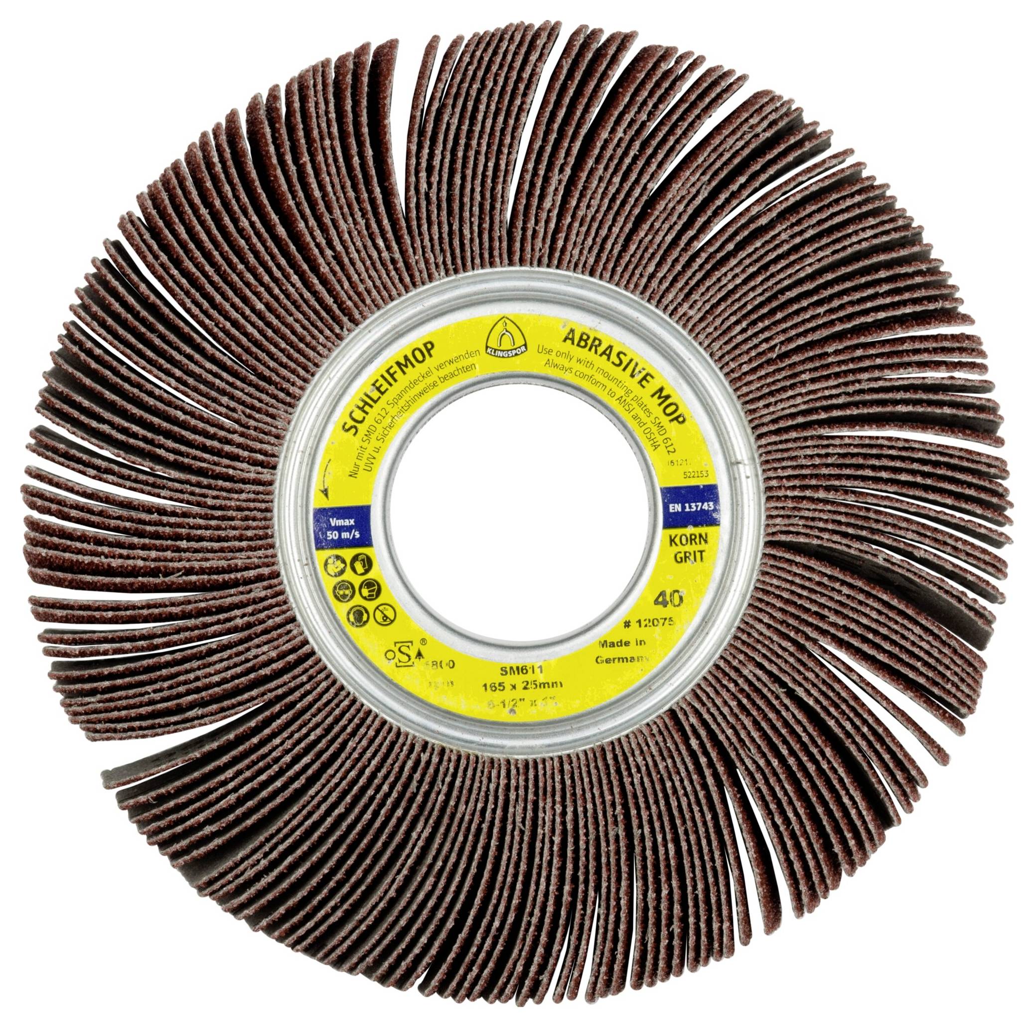 A round abrasive mop wheel with layered sandpaper fins radiating from the center, used for smoothing surfaces in metalworking or woodworking.