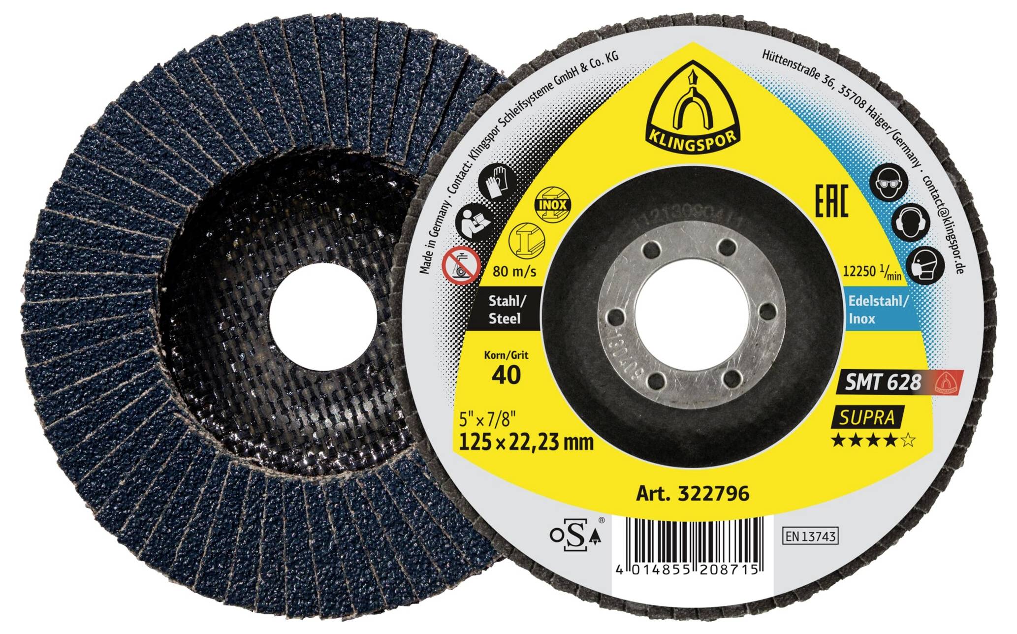 A pair of Klingspor flap discs labeled SMT 628, suitable for steel and stainless steel, grit 40, with dimensions 125 x 22.23 mm.