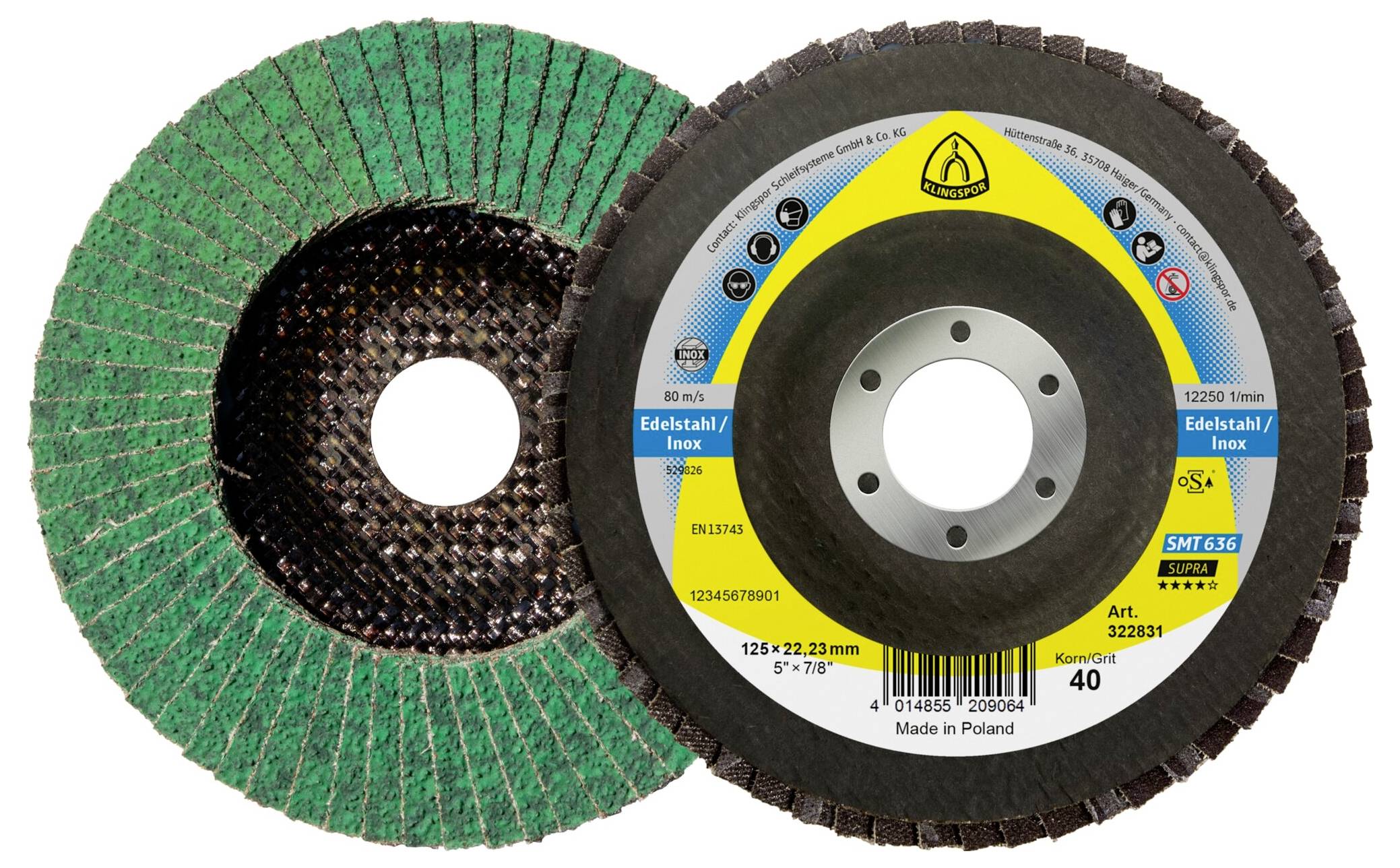 Two abrasive discs side by side, one green with a textured surface for metalworking and the other black with labels for specifications.