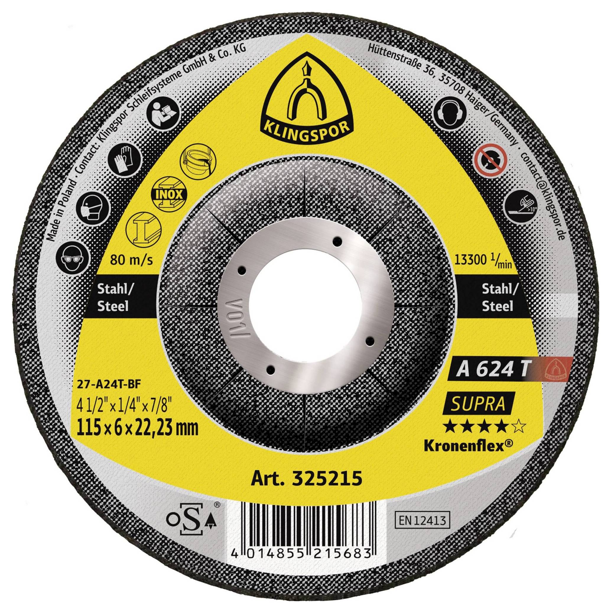 Klingspor 325215 A 624 T Supra Grinding disc Diameter 115 mm Bore diameter 22.23 mm Steel, Stainless steel, Die-cast 10 pc(s)