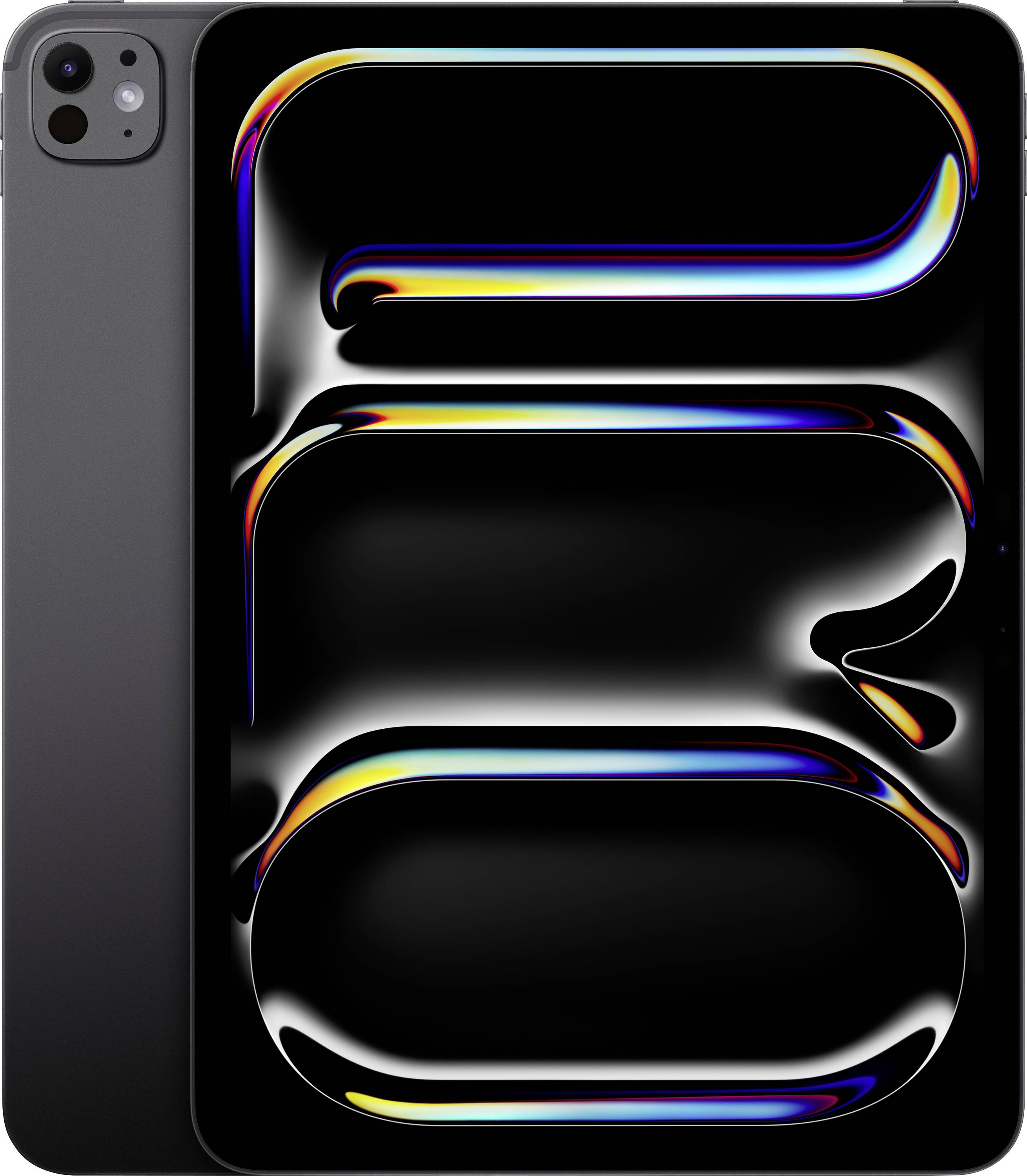 A sleek black and gray tablet with a colorful abstract design on its screen, featuring a blend of bold curves and vivid colors.