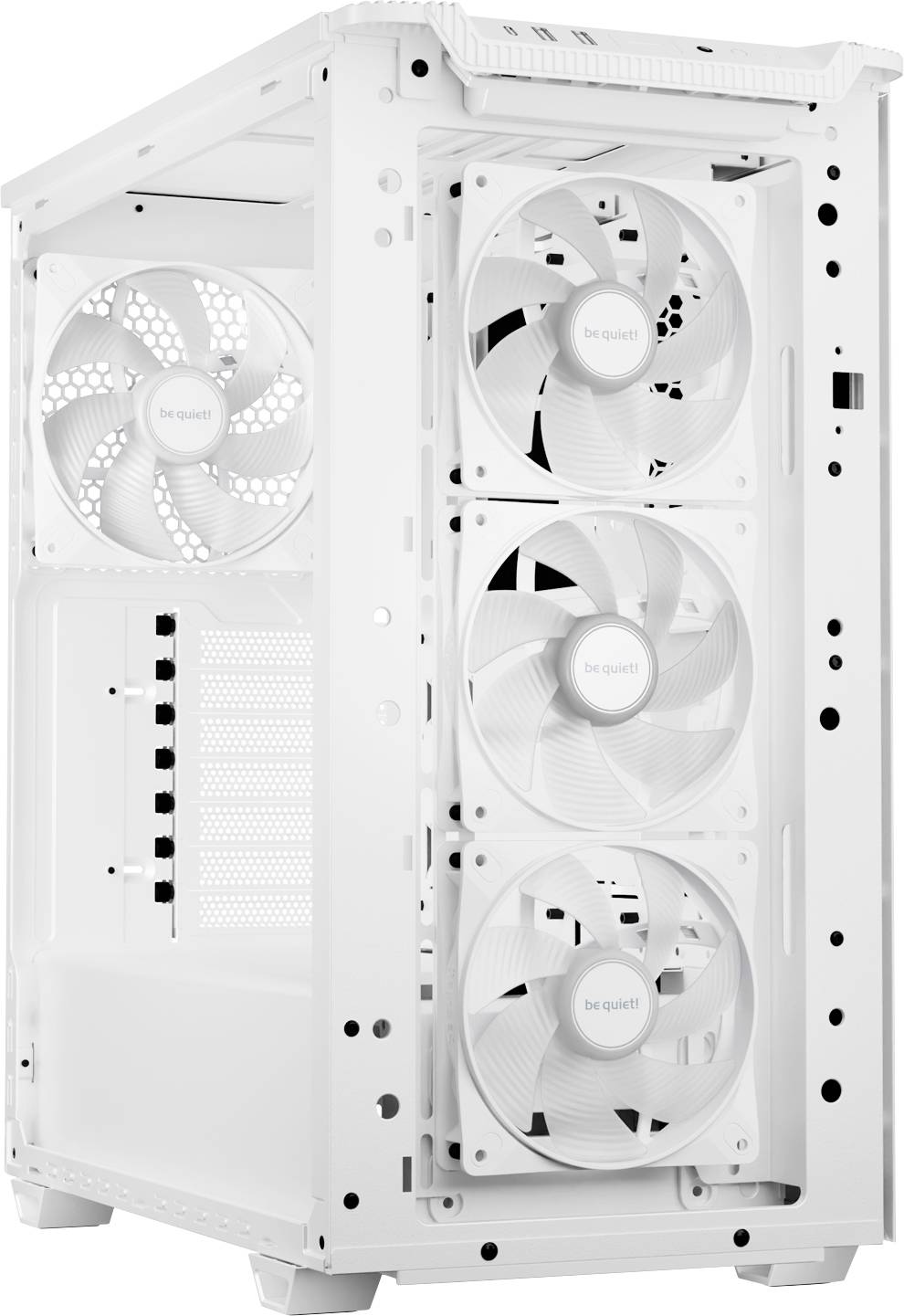 A white computer case with three large cooling fans at the front and one at the back, featuring mesh panels for ventilation.