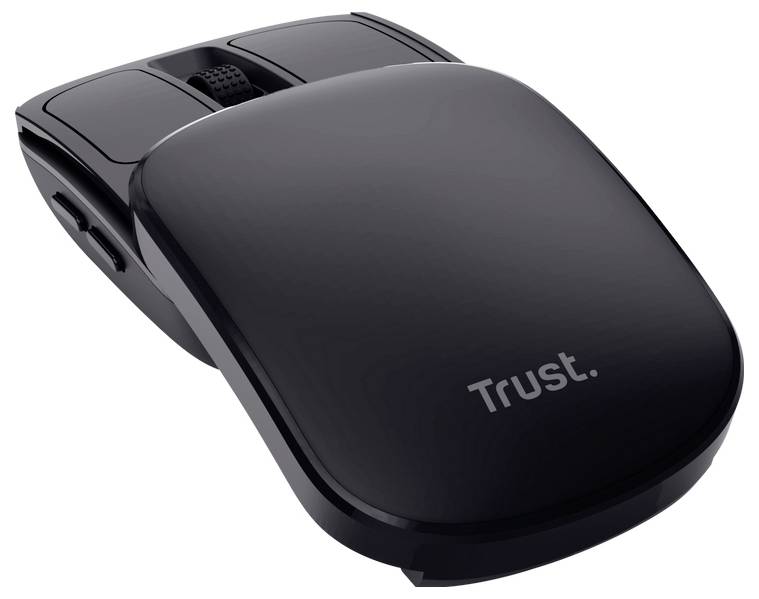 A sleek, black computer mouse labeled 'Trust' with two buttons and a scroll wheel, designed for ergonomic use and modern functionality.