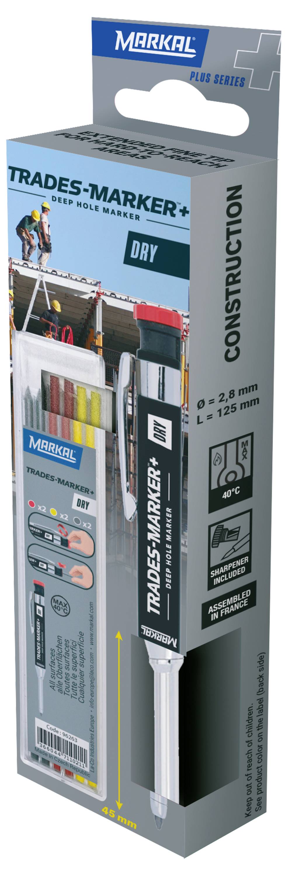 Package of 'Trades-Marker+' deep hole markers for construction, includes multiple colors. Features details on marker size and use.