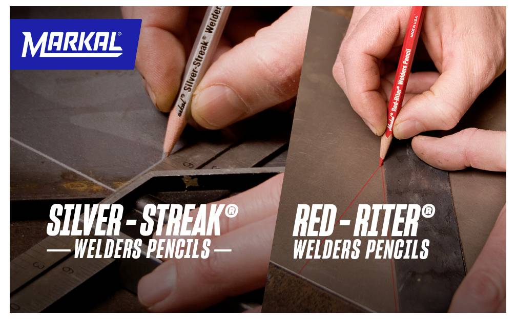 'Markal' branded image showing 'Silver-Streak Welders Pencils' and 'Red-Riter Welders Pencils' used for drawing on metal surfaces.