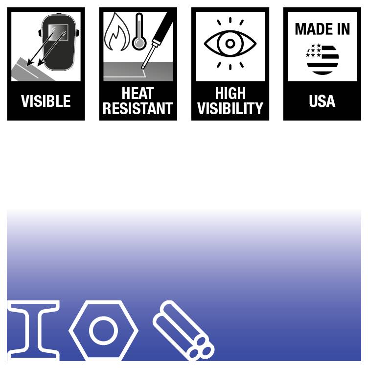 'Visible', 'Heat Resistant', 'High Visibility', 'Made in USA'. Icons depict welding, flame, eye, and American flag. Industrial theme.