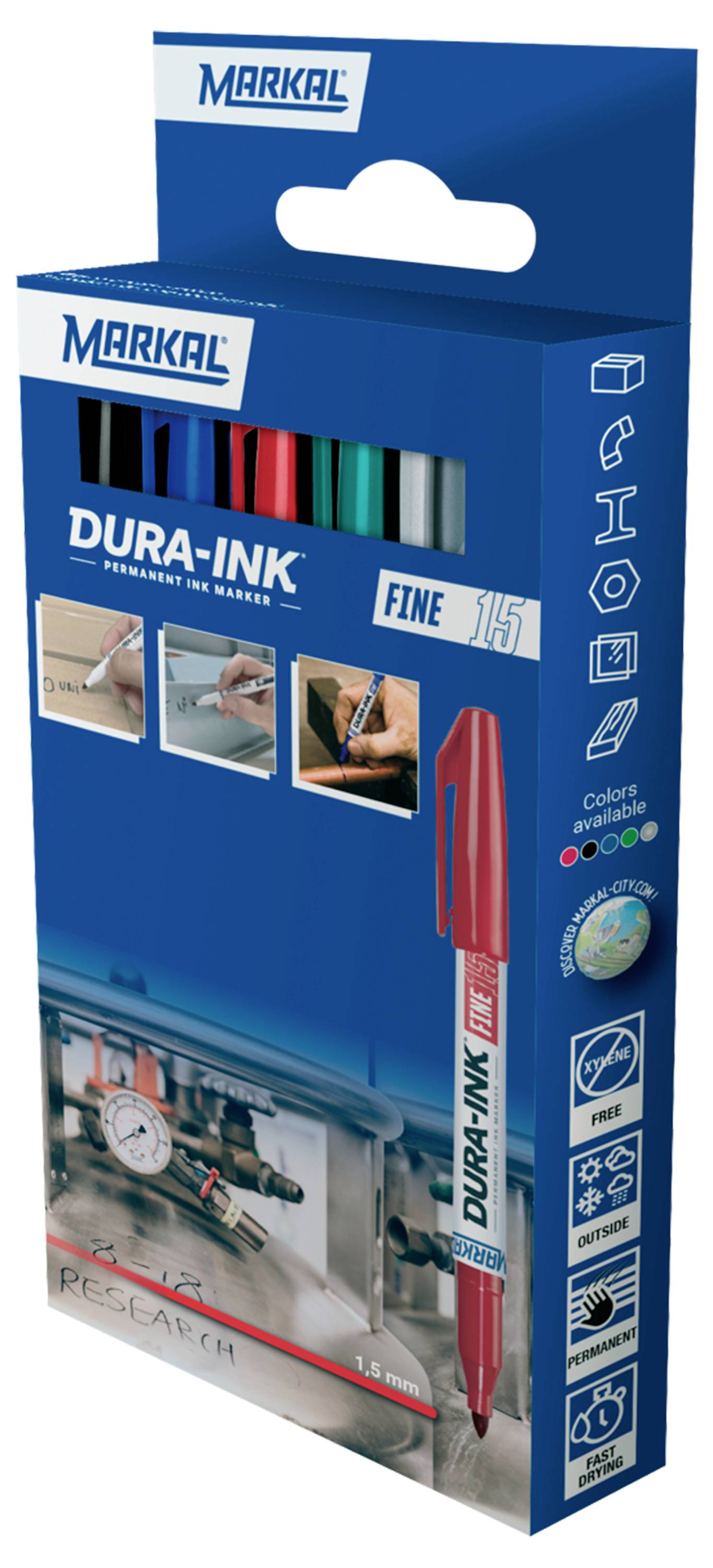 'Markal Dura-Ink' packaging showing colored markers. Text highlights 'fine point' and features like durability and versatility. Five colors shown.