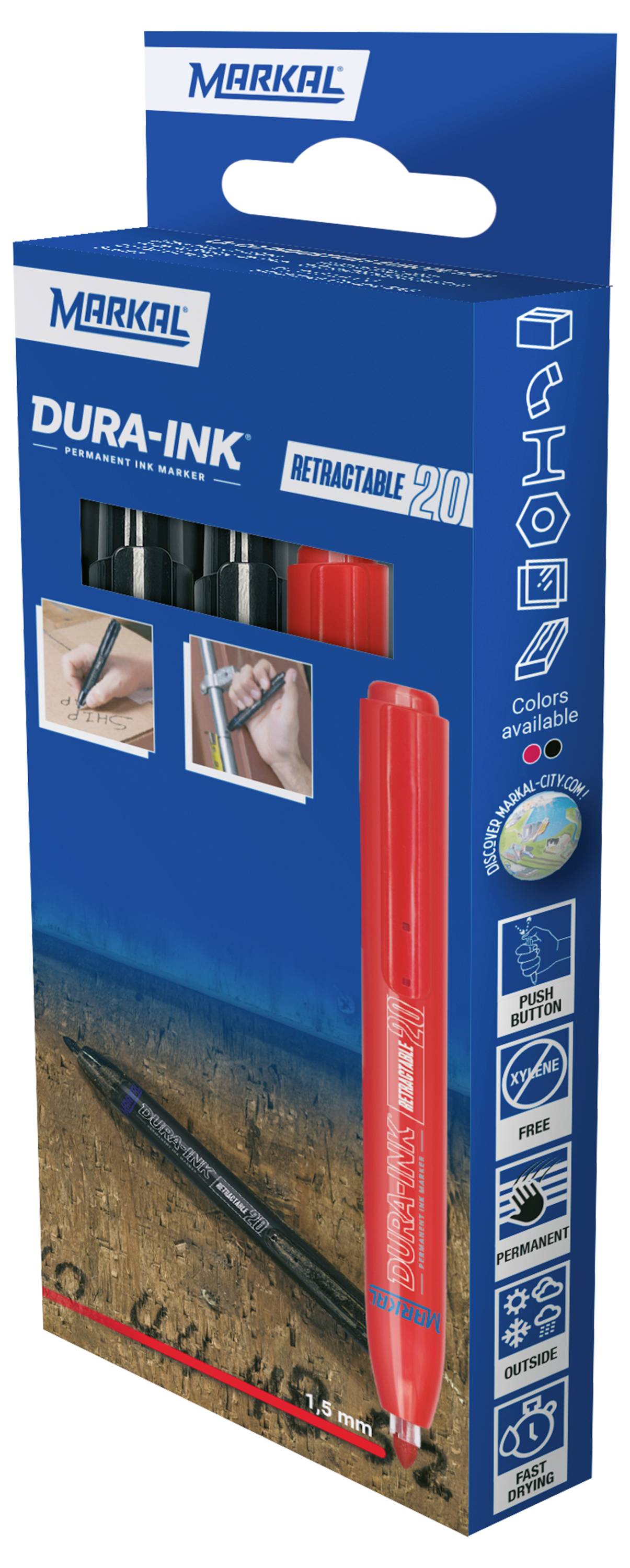 'Markal Dura-Ink Retractable 20' pens packaging showing a red pen with 'Industrial Ink' text. Includes features like clip and refill options.