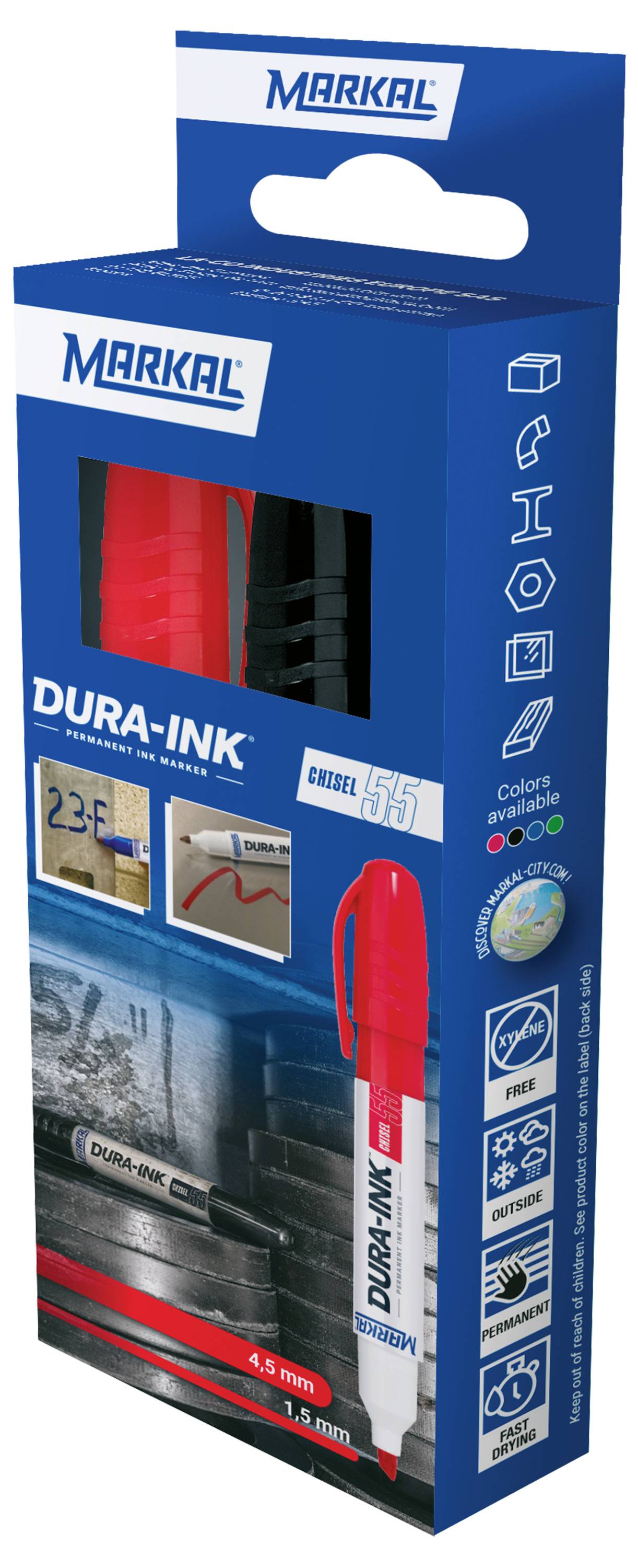 Packaging for 'Markal Dura-Ink' markers, featuring a red marker. Icons depict uses like industrial marking and water resistance.
