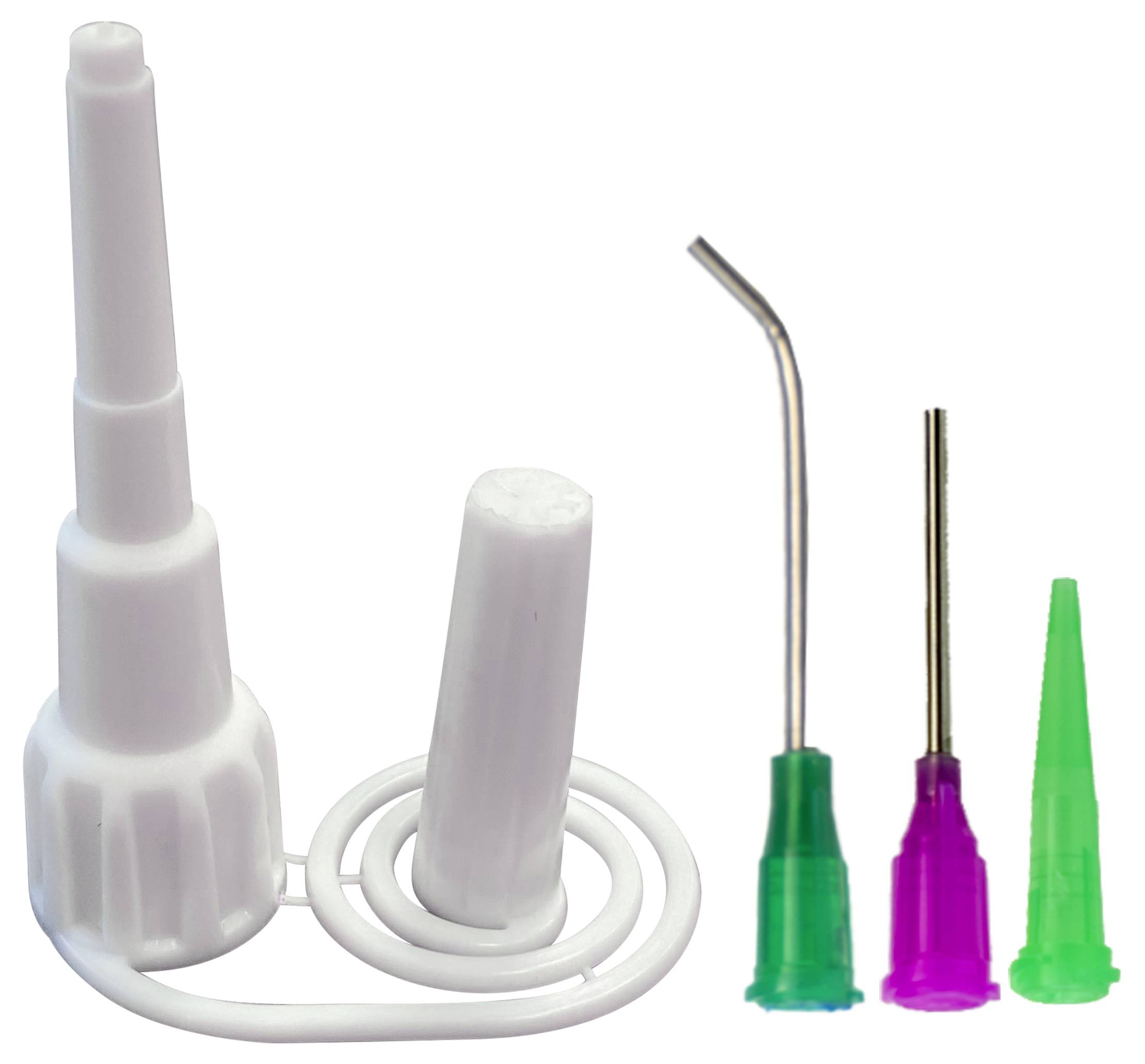 Assorted bottle nozzle tips in white, green, pink, and metal, designed for precise liquid dispensing; includes a cap and swirl closure.