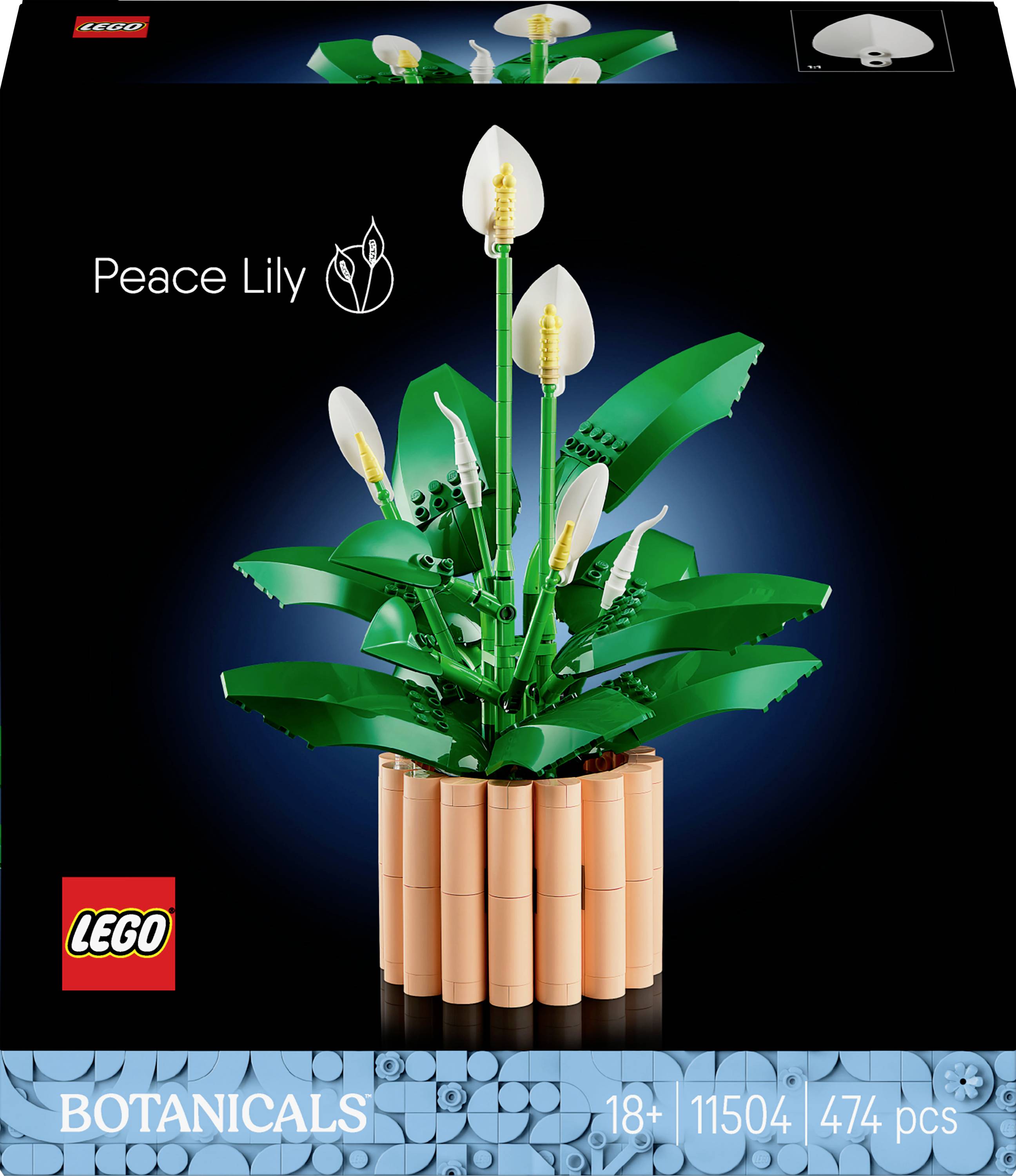 'Lego Botanicals Peace Lily' set with a Peace Lily model assembled from 474 pieces. Packaging features a dark background with peace lily illustration.
