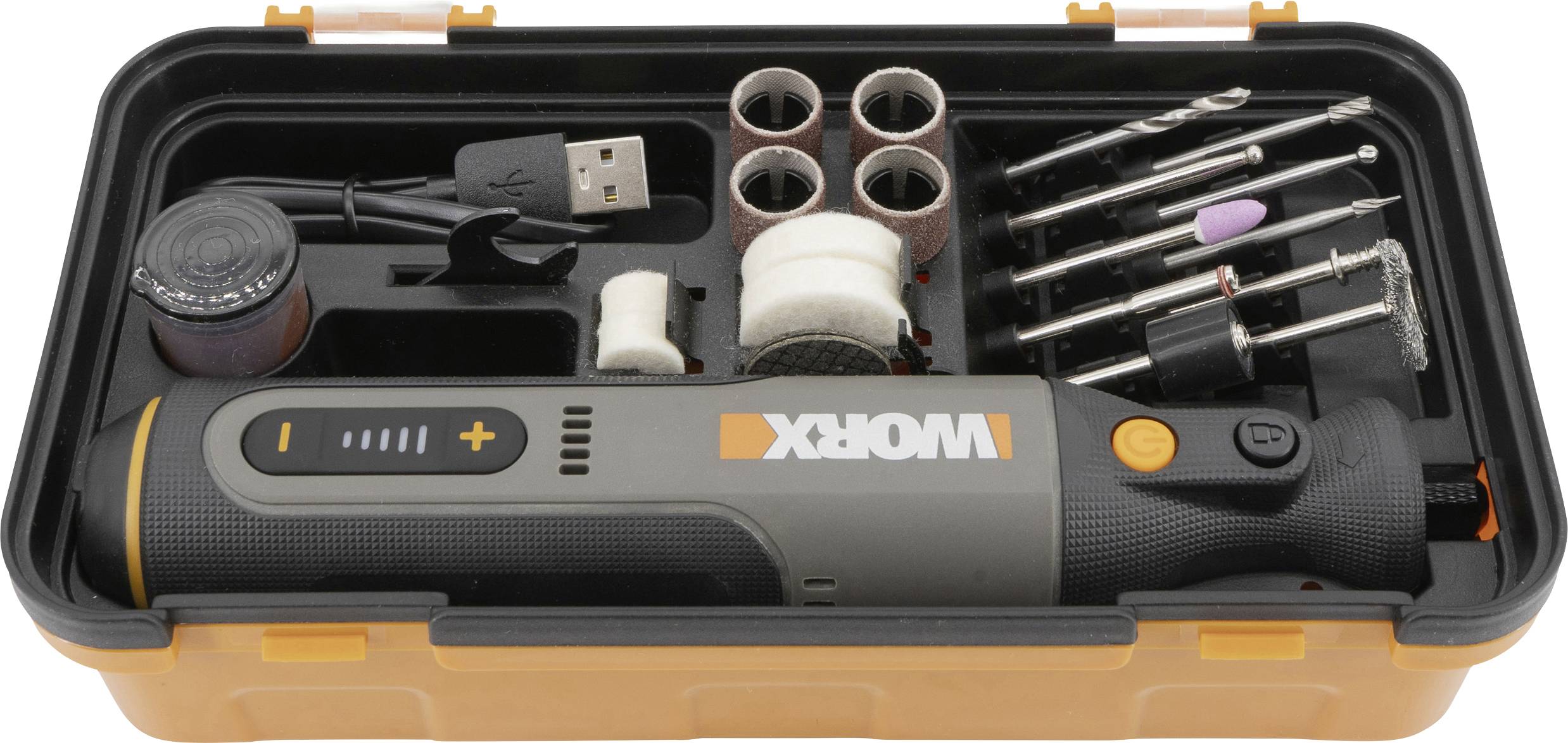 A cordless rotary tool kit with various attachments and drill bits, including sanding and polishing tools, in an orange and black case.