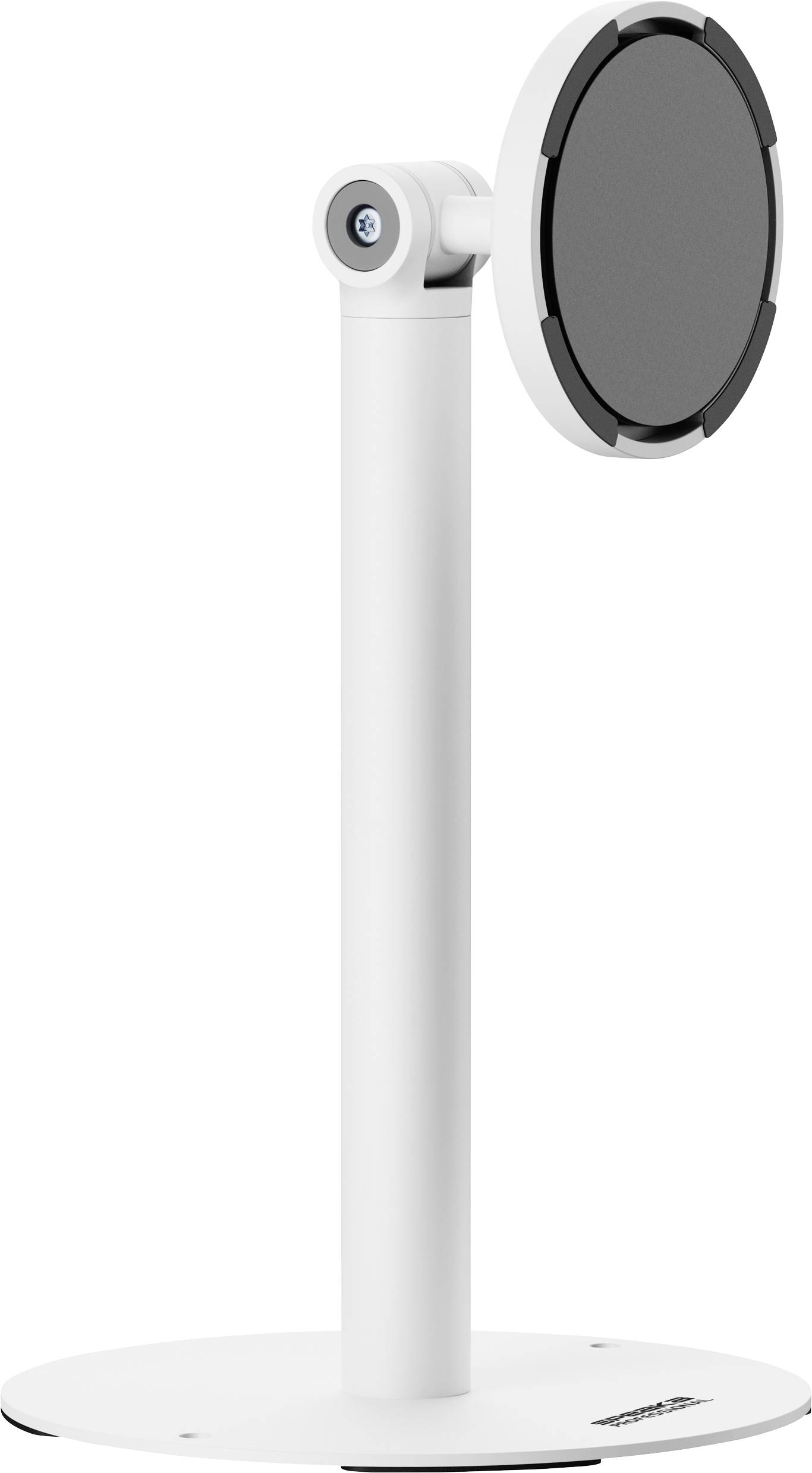 A white round base stand with a hinged circular holder at the top designed for holding devices, such as tablets or phones, upright.