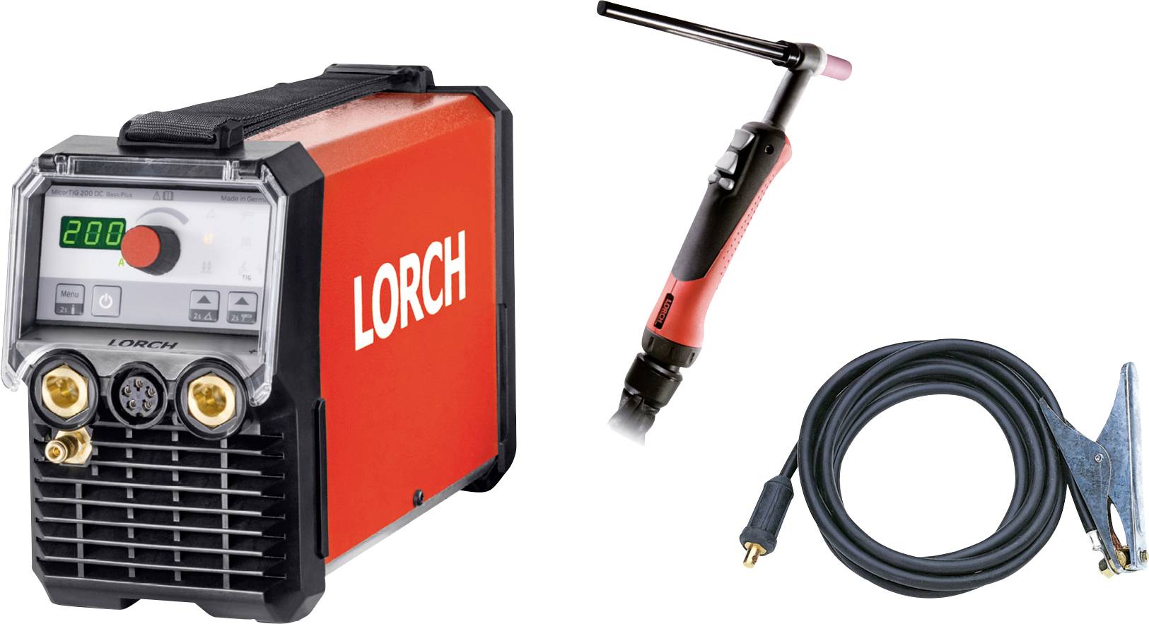 'Red welding machine with 'Lorch' label, displays '200'. Includes a welding torch and cable with clamp, used for TIG welding tasks.'