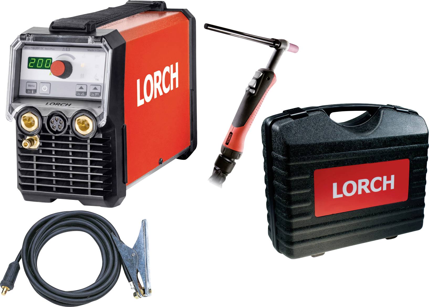 TIG welder labeled LORCH with a display, welding torch, cable with clamp, and carrying case; digital readout shows 200.