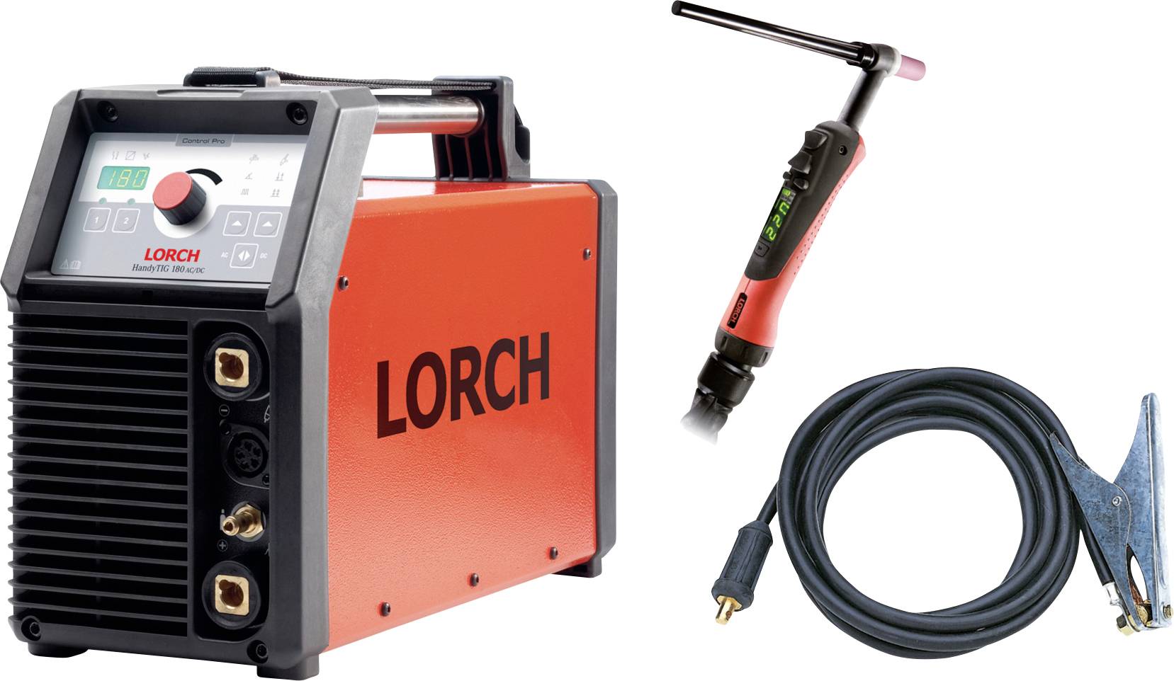 Red and black Lorch welding machine with digital display, accompanied by a welding torch and cable with electrode holder.
