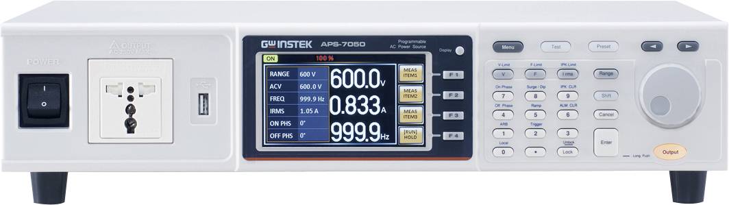 A digital power meter with a display showing values for power and voltage, surrounded by buttons and knobs for setting parameters.