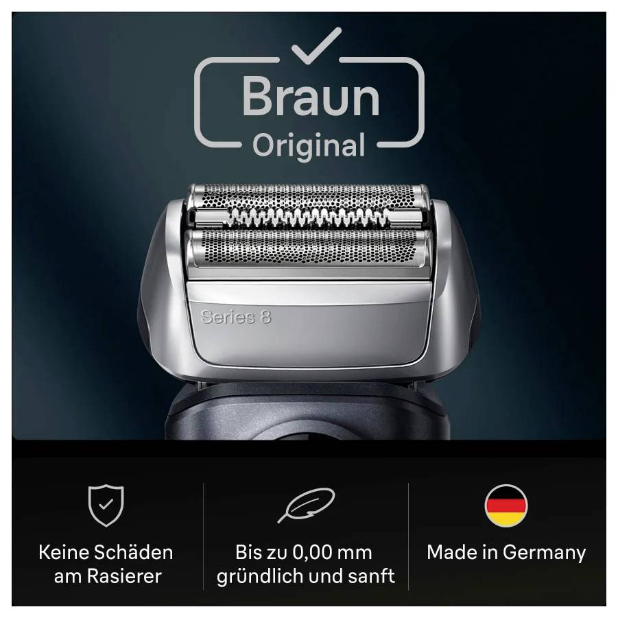 A Braun razor with the inscription 'Original', emphasising a thorough and gentle shave without damage, Made in Germany.