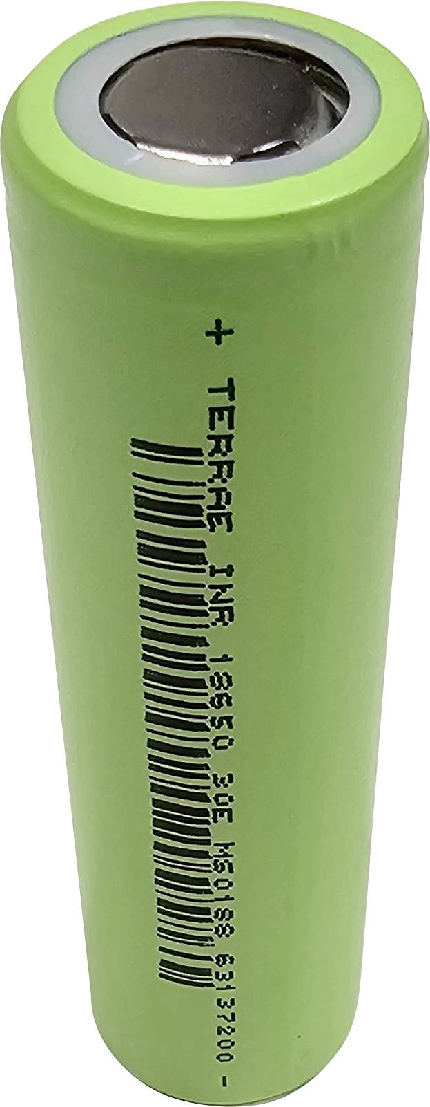 A green cylindrical battery labeled '+ TERRE' with a barcode and text, standing upright, likely used for electronic devices.