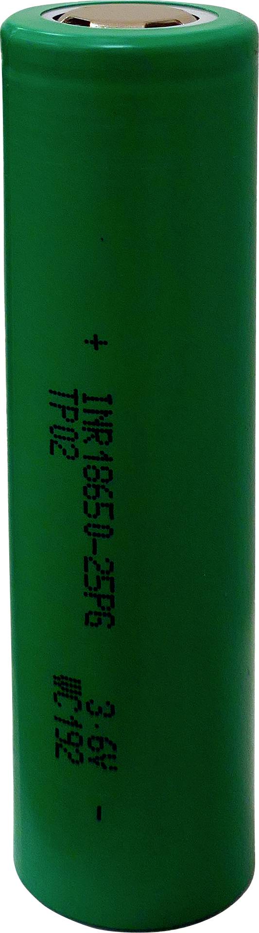 A green cylindrical lithium-ion battery with printed text indicating it is an 'INR18659-25R5' type, having a voltage of 3.6V.