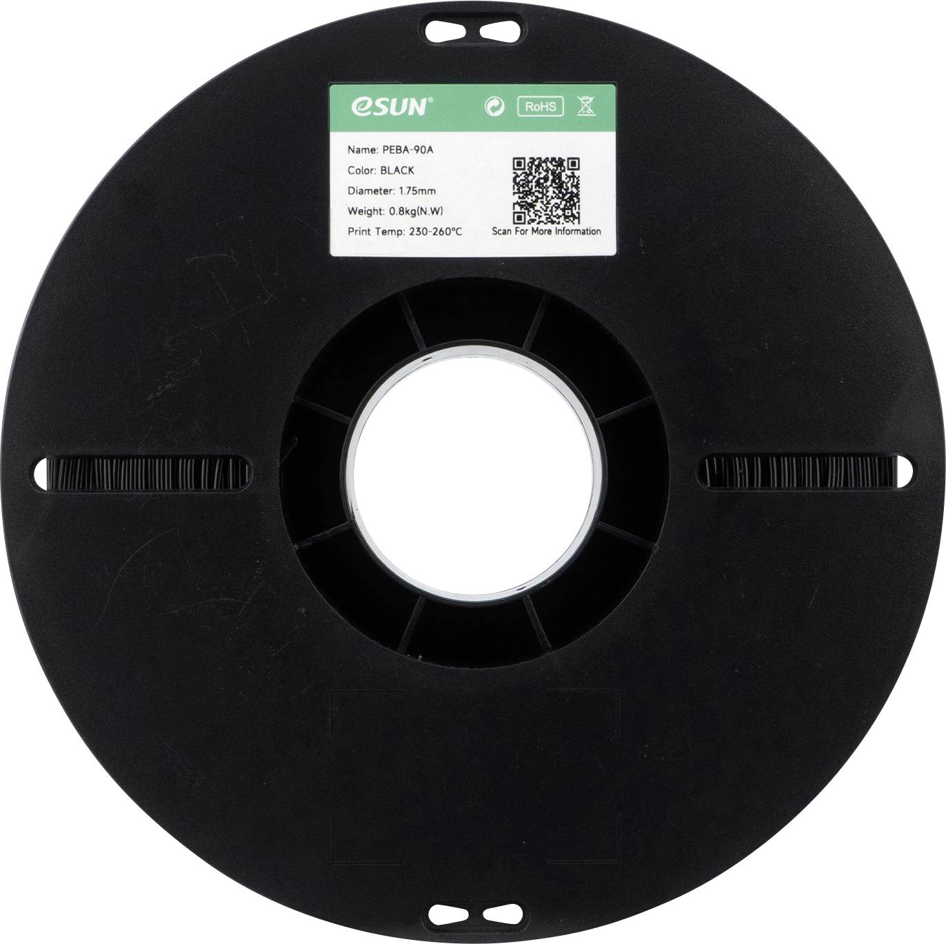 A black eSUN filament spool showing product label: 'Name: PEEA-90A. Color: BLACK. Diameter: 1.75mm. Weight: 0.8kg. Print Temp: 230-260°C.'
