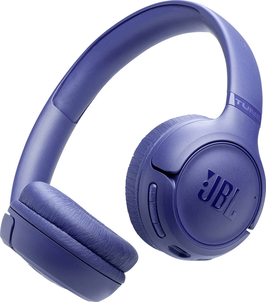 Blue over-ear wireless JBL headphones featuring cushioned ear pads and control buttons on the right ear cup.