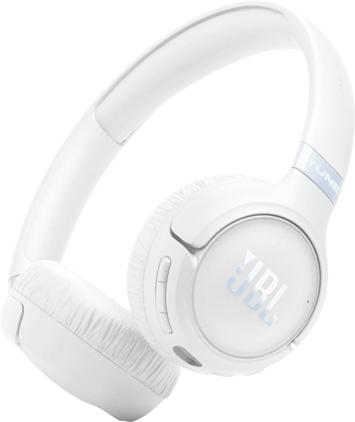 White over-ear headphones with the JBL logo on the ear cups, featuring cushioned ear pads and buttons on the side for controls.