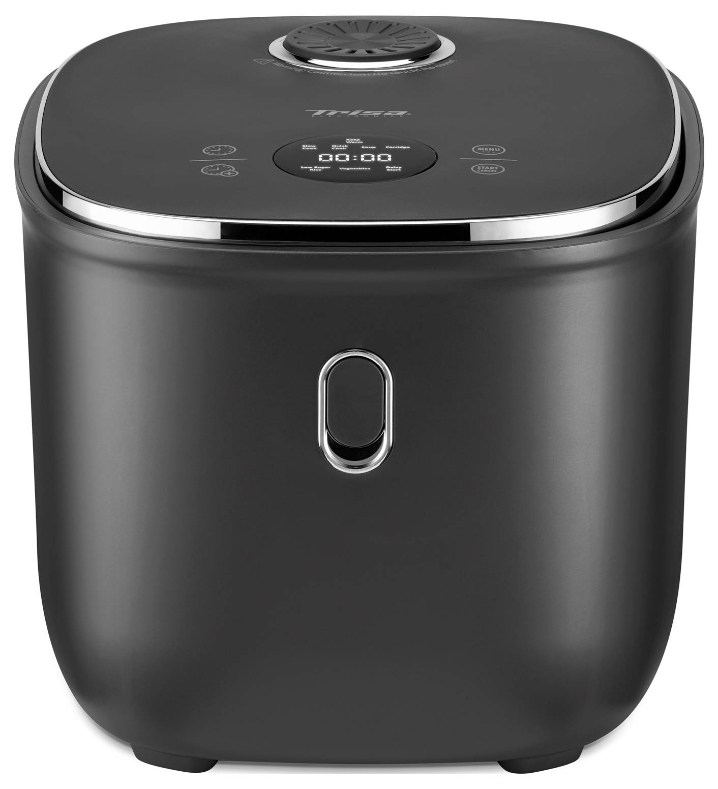 A black air fryer with a digital display, a control knob on top, and a sleek design, used for cooking food with minimal oil.