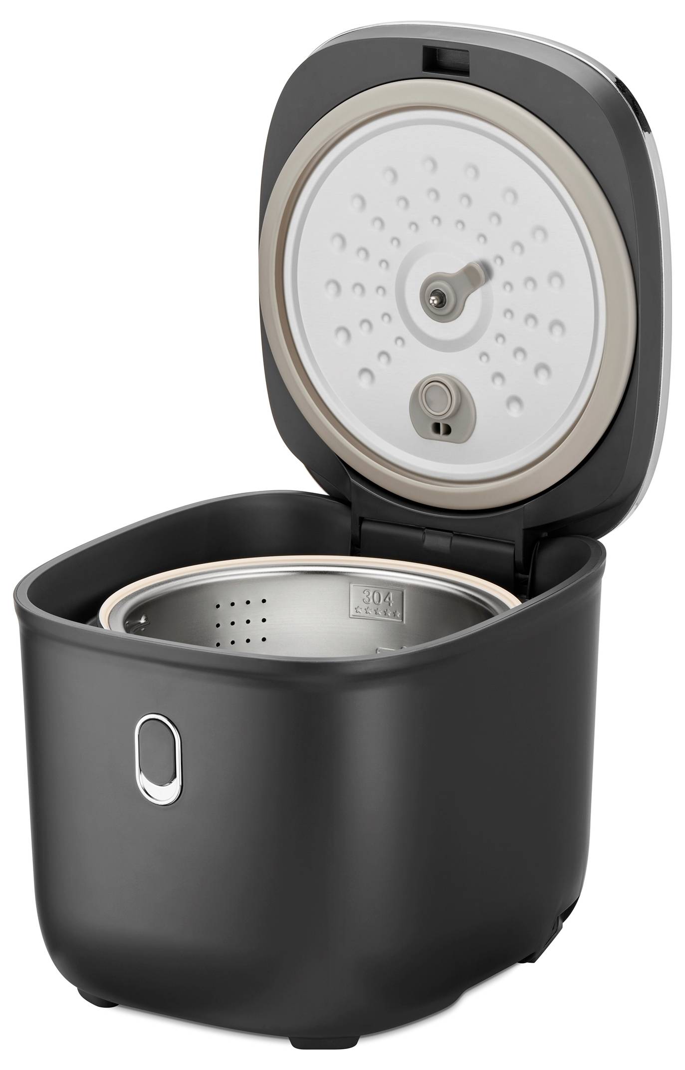 An open black rice cooker with a visible inner pot and perforated lid, designed for even steam distribution.