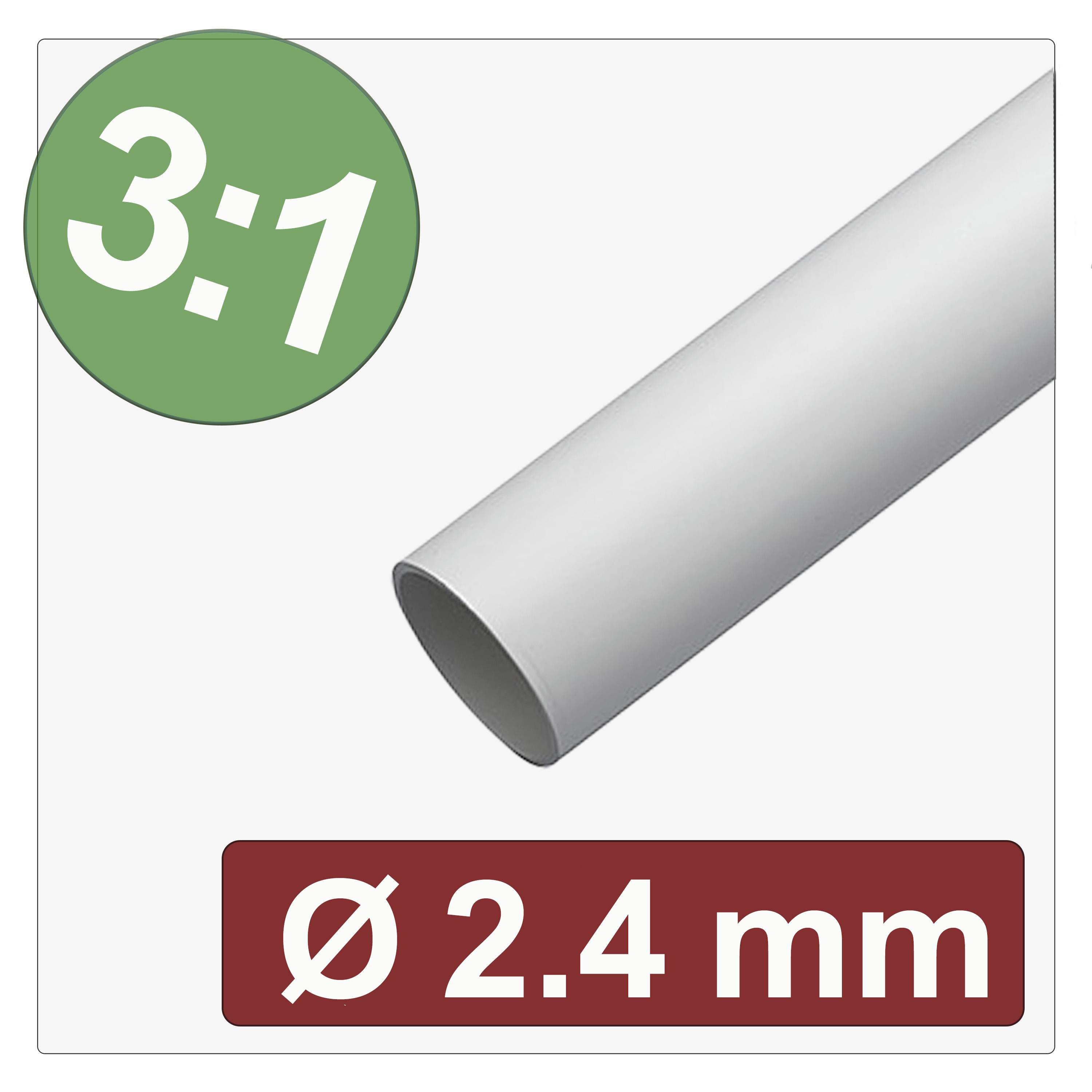 A white cylindrical object labeled with a 3:1 shrink ratio and a diameter of 2.4 mm.