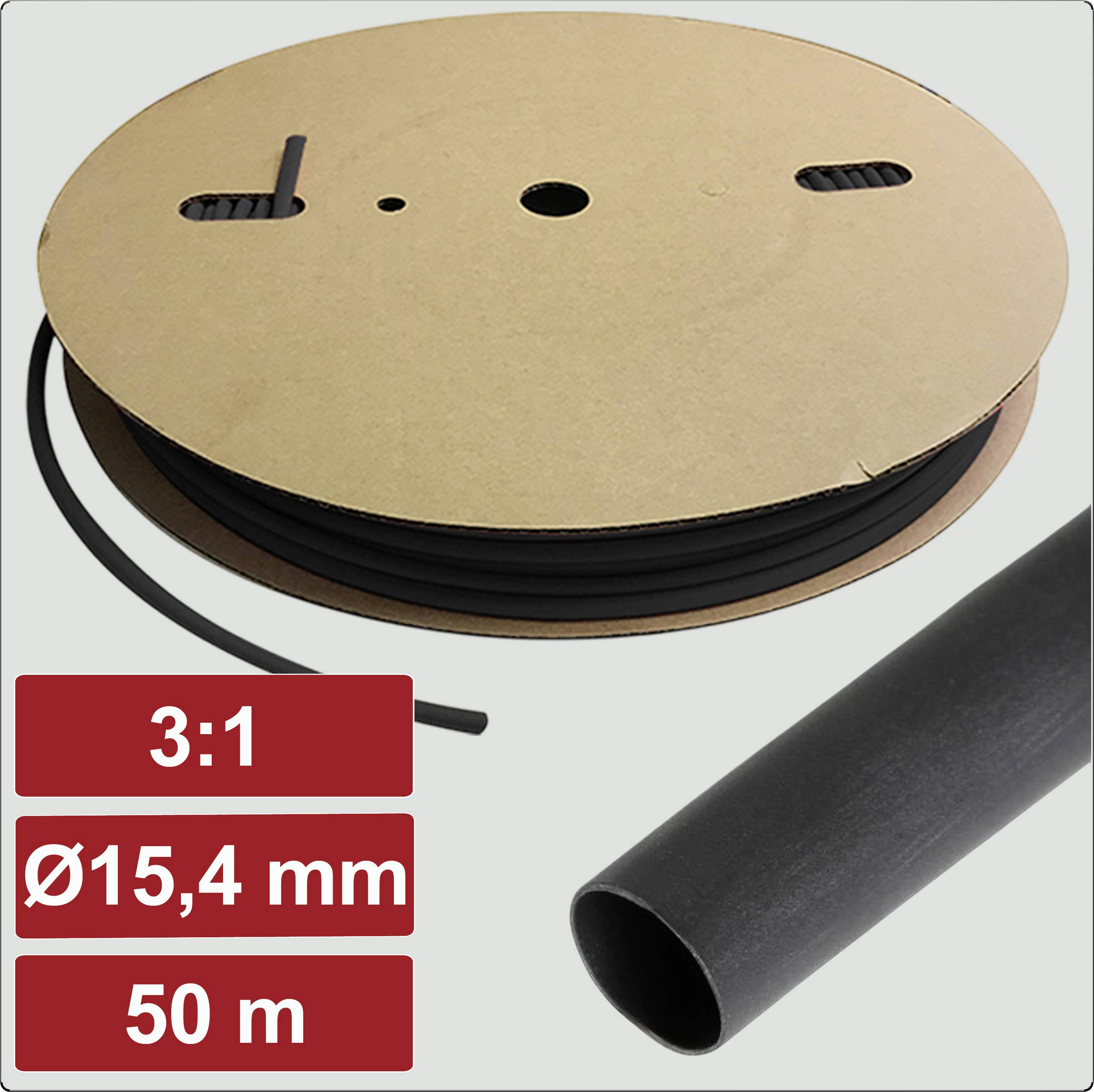 A spool of black cable with specifications: shrink ratio 3:1, diameter 15.4 mm, length 50 m.