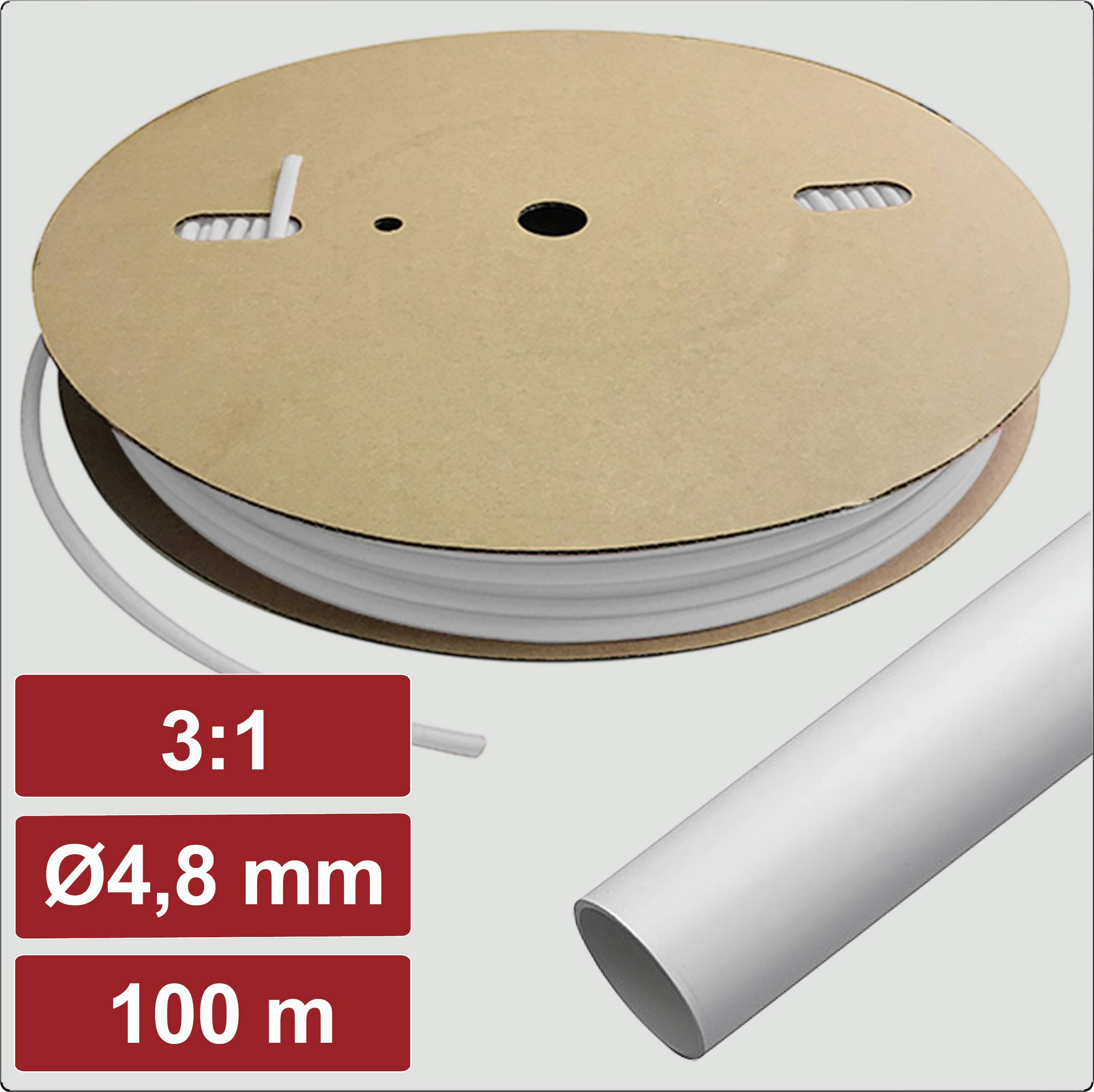 Spool of white cable with text indicating size and length: '3:1', 'Ø4.8 mm', '100 m'.