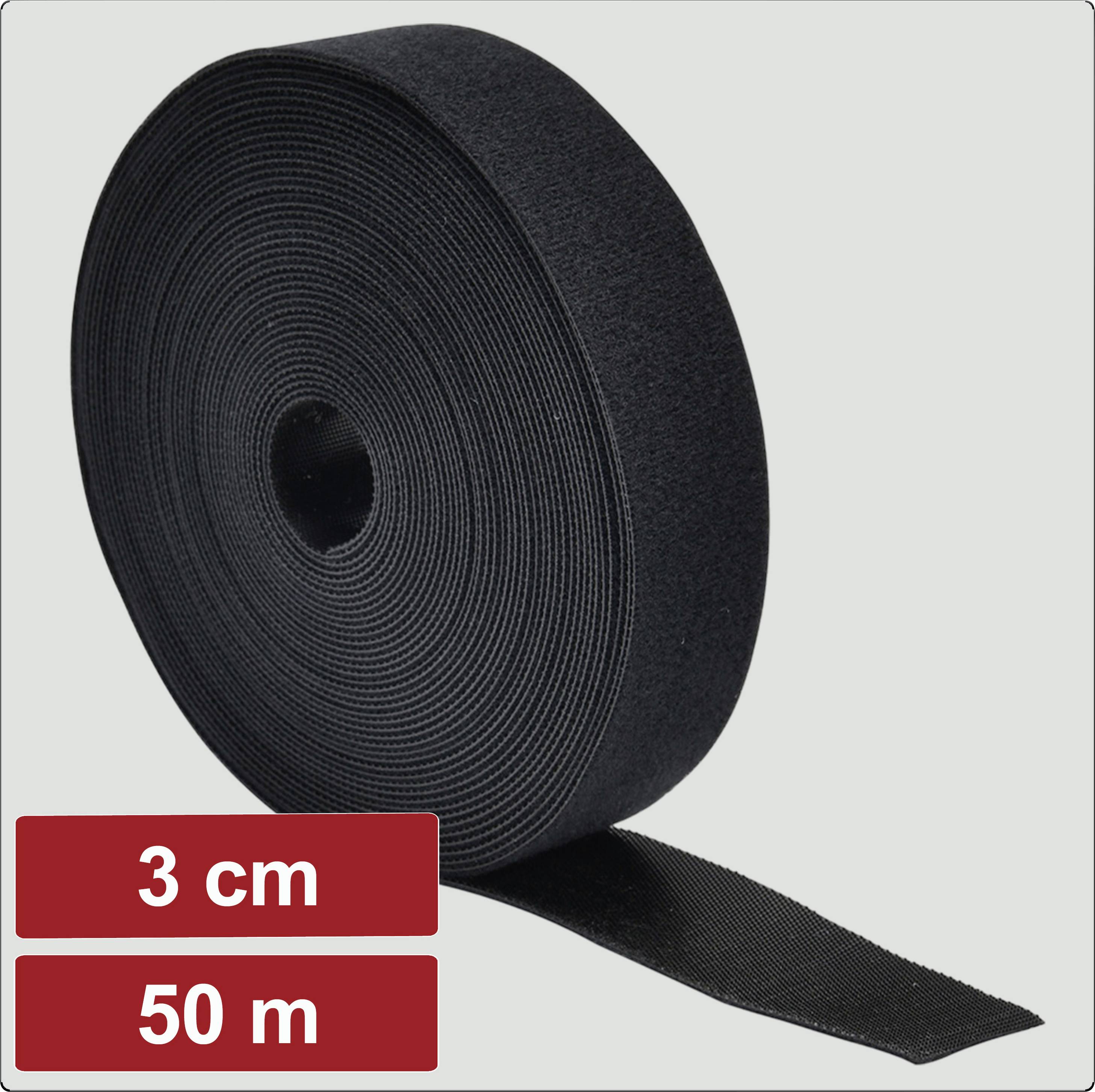 A black roll of fabric tape, measuring 3 cm in width and 50 meters in length, is displayed against a neutral background.
