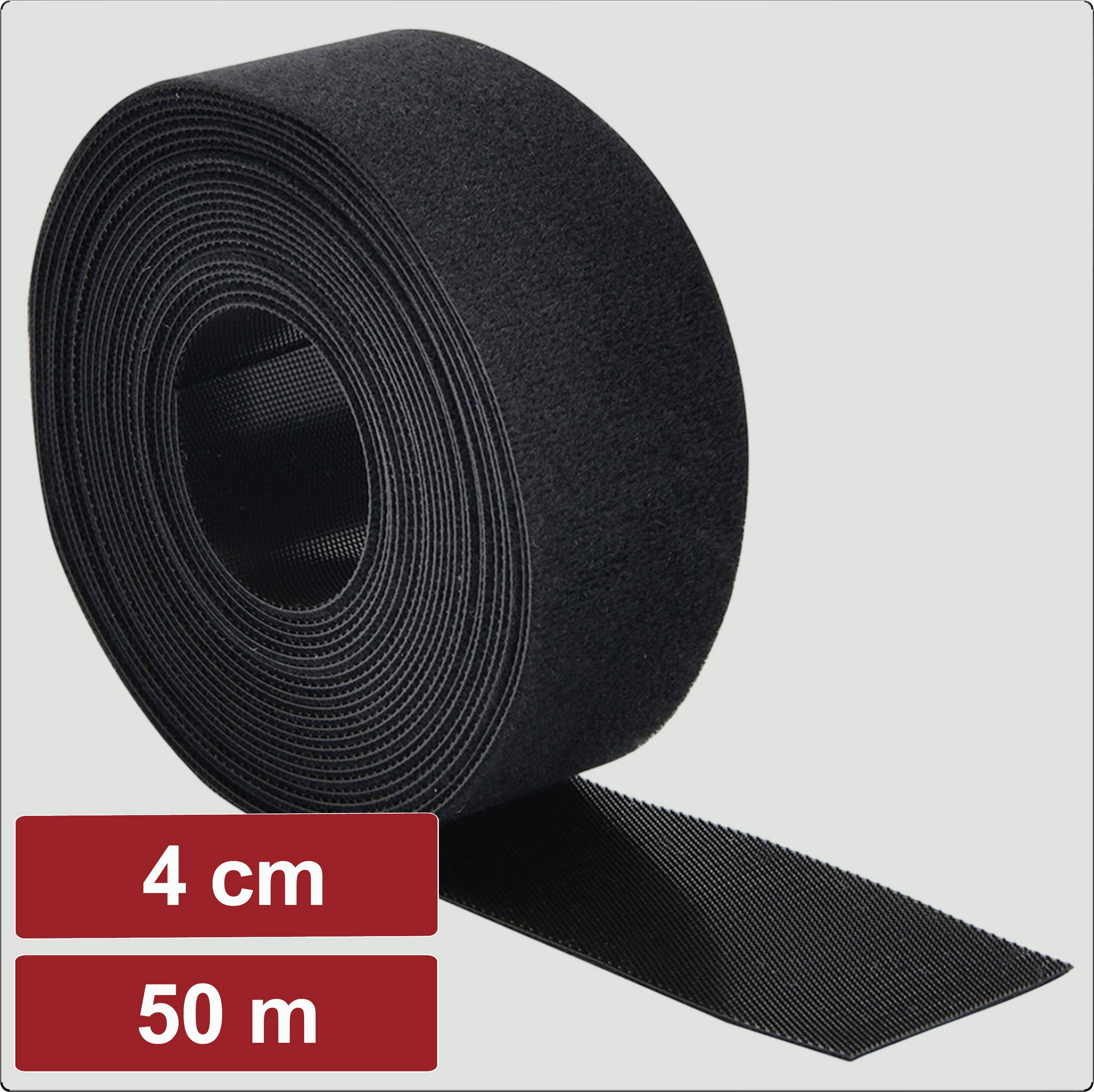 Black roll of tape, 4 cm wide and 50 m long, unrolled slightly on a gray background.