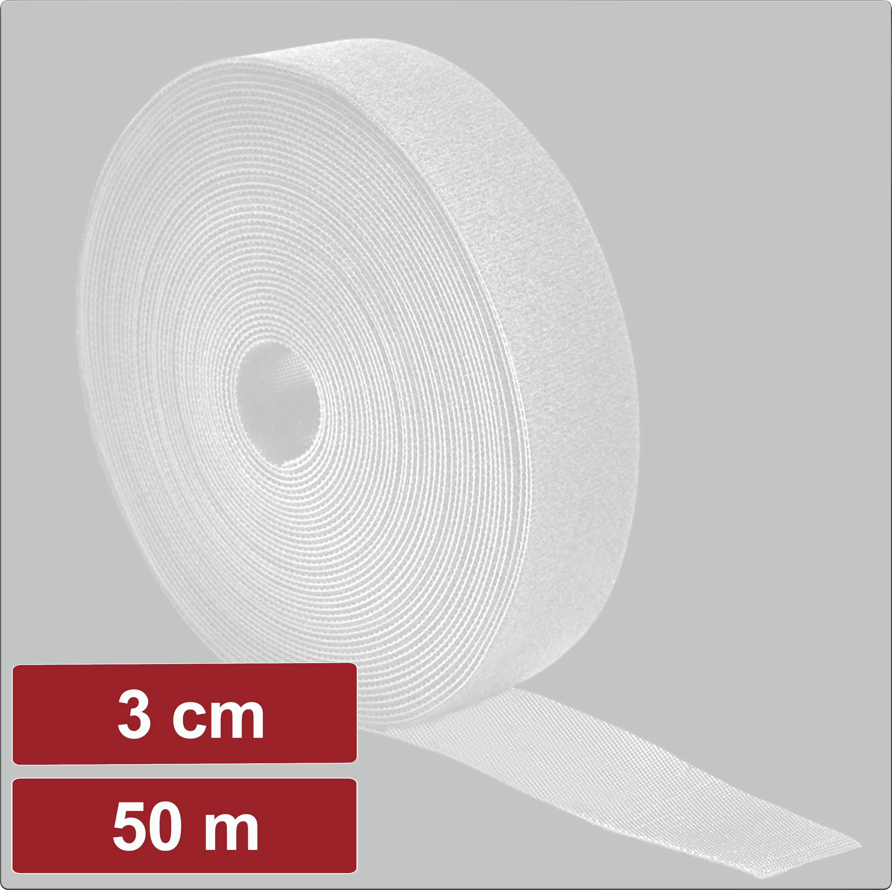 A roll of white hook and loop tape, 3 cm wide and 50 meters long, partially unrolled, against a gray background.