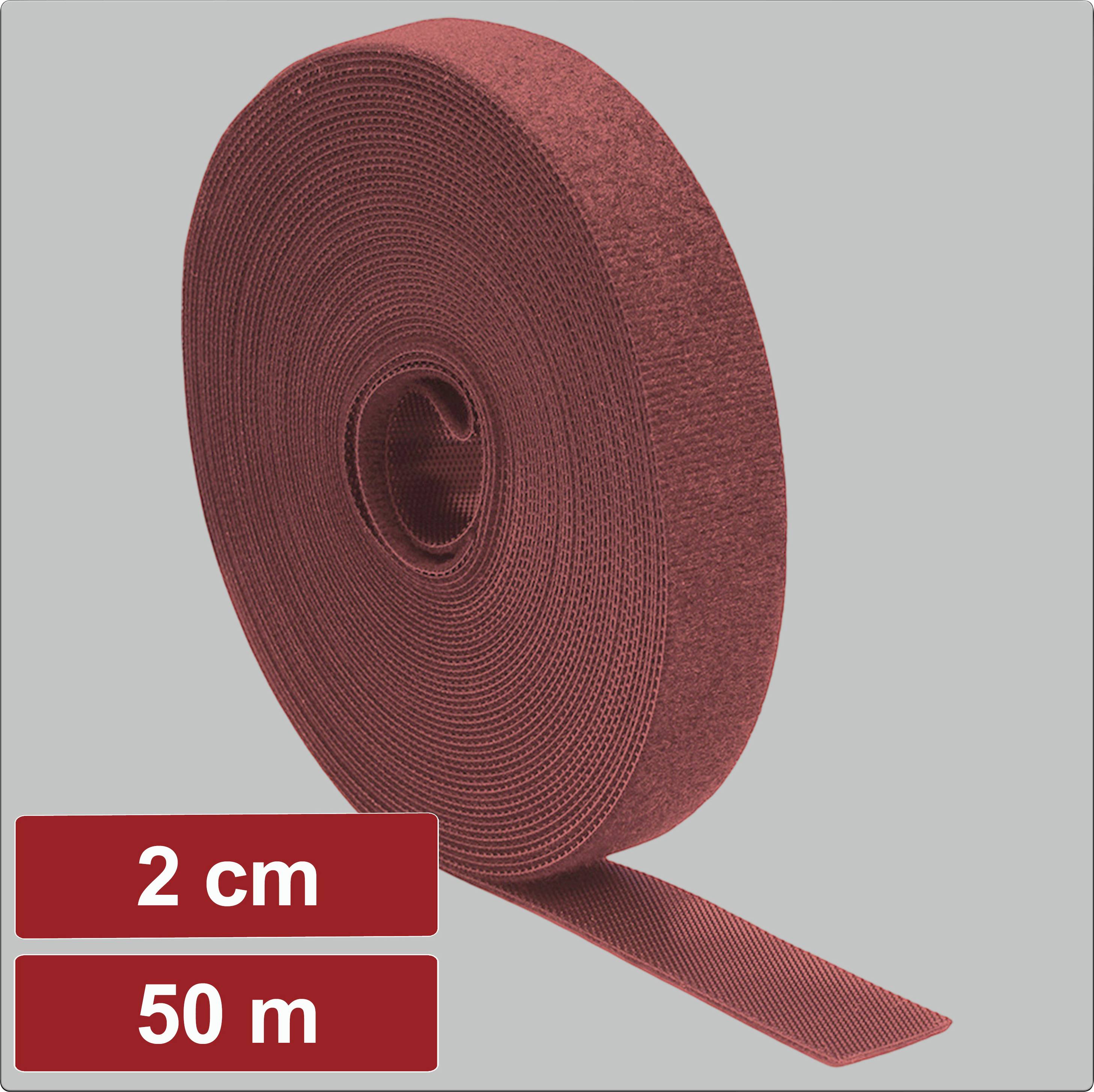 A roll of 2 cm wide, 50 m long red hook and loop tape against a grey background.