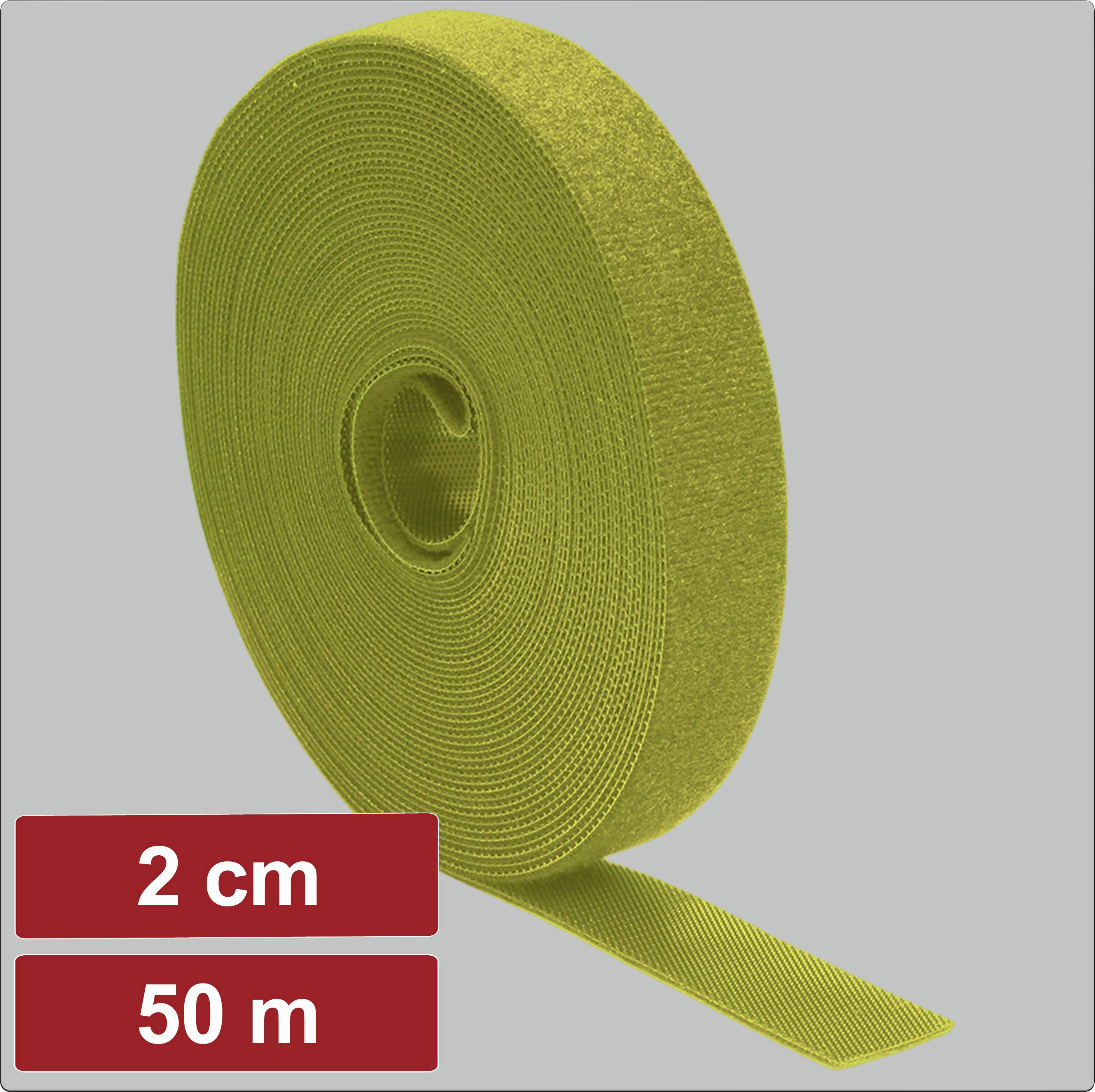 A roll of yellow hook-and-loop fastener, 2 cm wide and 50 m long.
