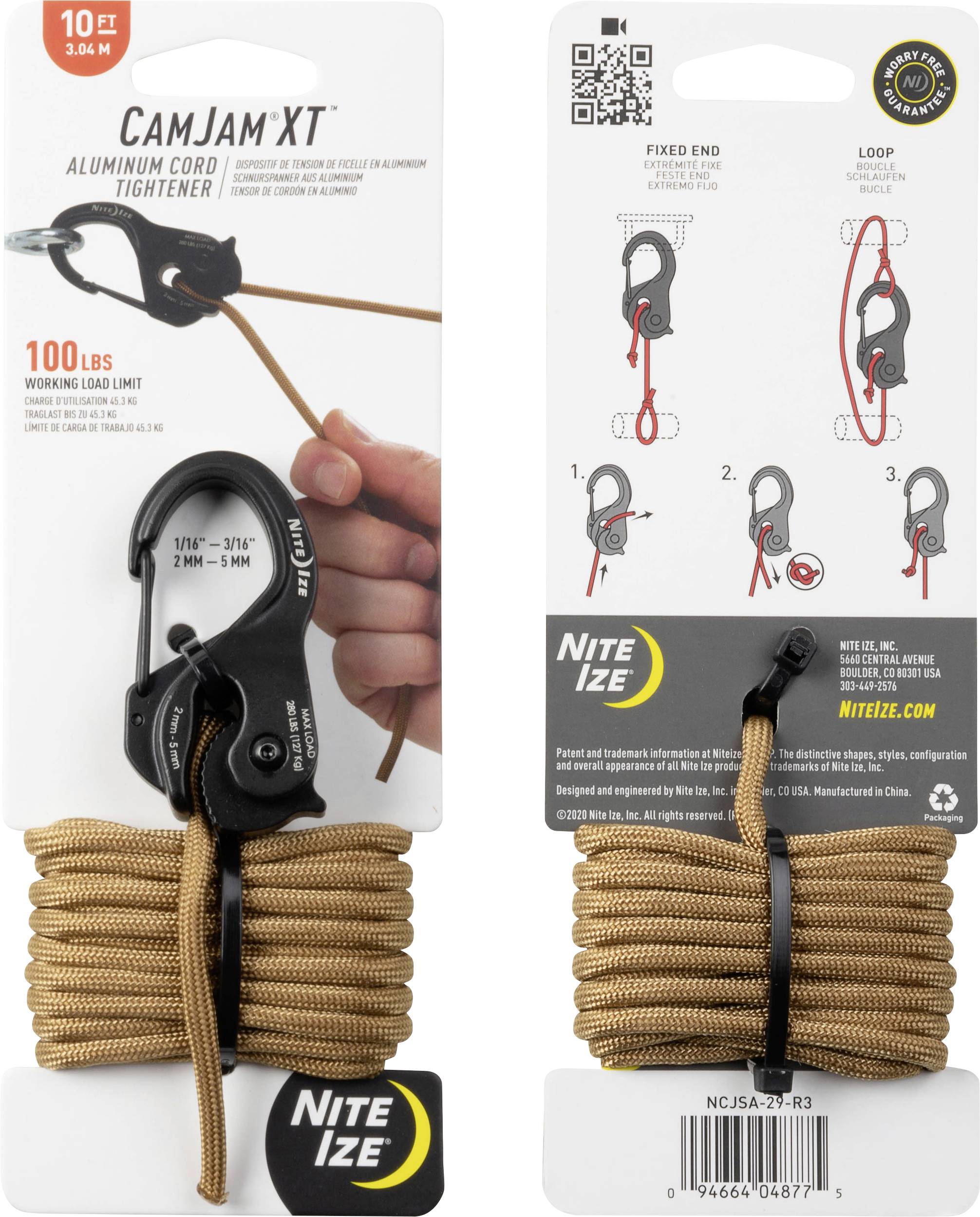 'CamJam XT Aluminum Cord Tightener' packaging displays a black cord tightener and brown cord with instructions on how to use the tightener.