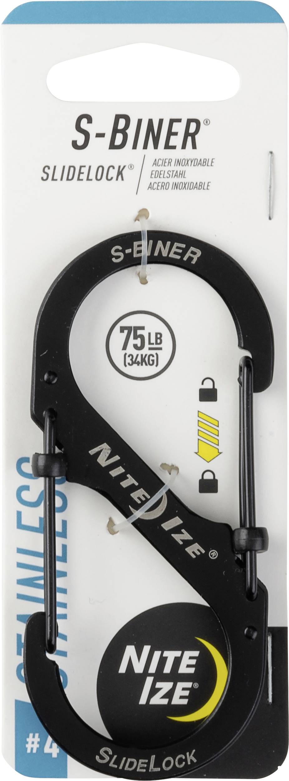 'Nite Ize S-Biner SlideLock #4', a black stainless steel carabiner on packaging, supports up to 75 lbs.